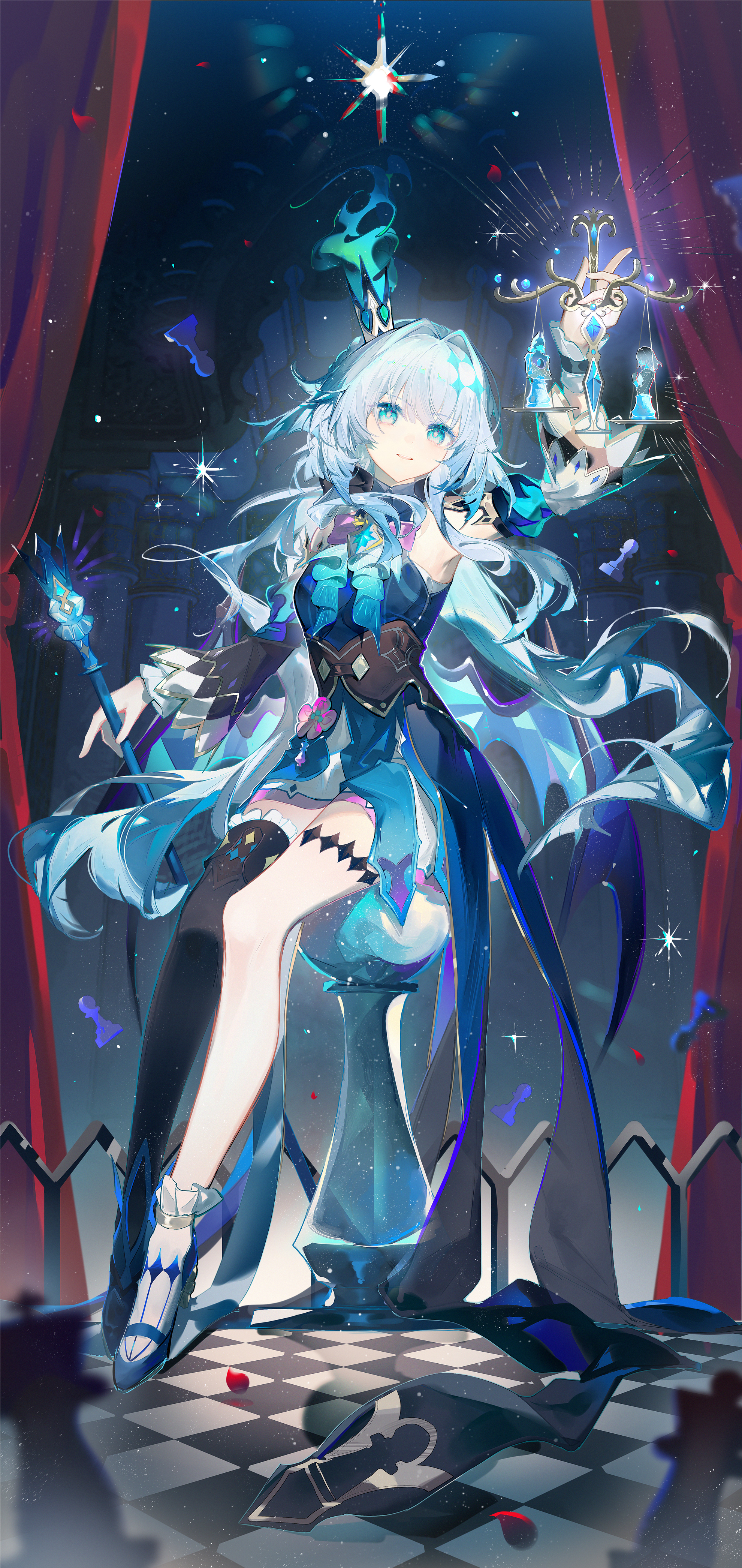 qianqianjie, cerydra (honkai: star rail), honkai: star rail, honkai (series), absurdres, highres, 1girl, asymmetrical footwear, asymmetrical legwear, asymmetrical sleeves, black thighhighs, blue dress, blue hair, blue shoes, chess piece, crown, detached sleeves, dress, floating hair, full body, grey hair, holding, long hair, long sleeves, looking up, mini crown, mismatched footwear, mismatched legwear, mismatched sleeves, parted lips, shoes, sitting, smile, socks, solo, thighhighs, very long hair, white socks