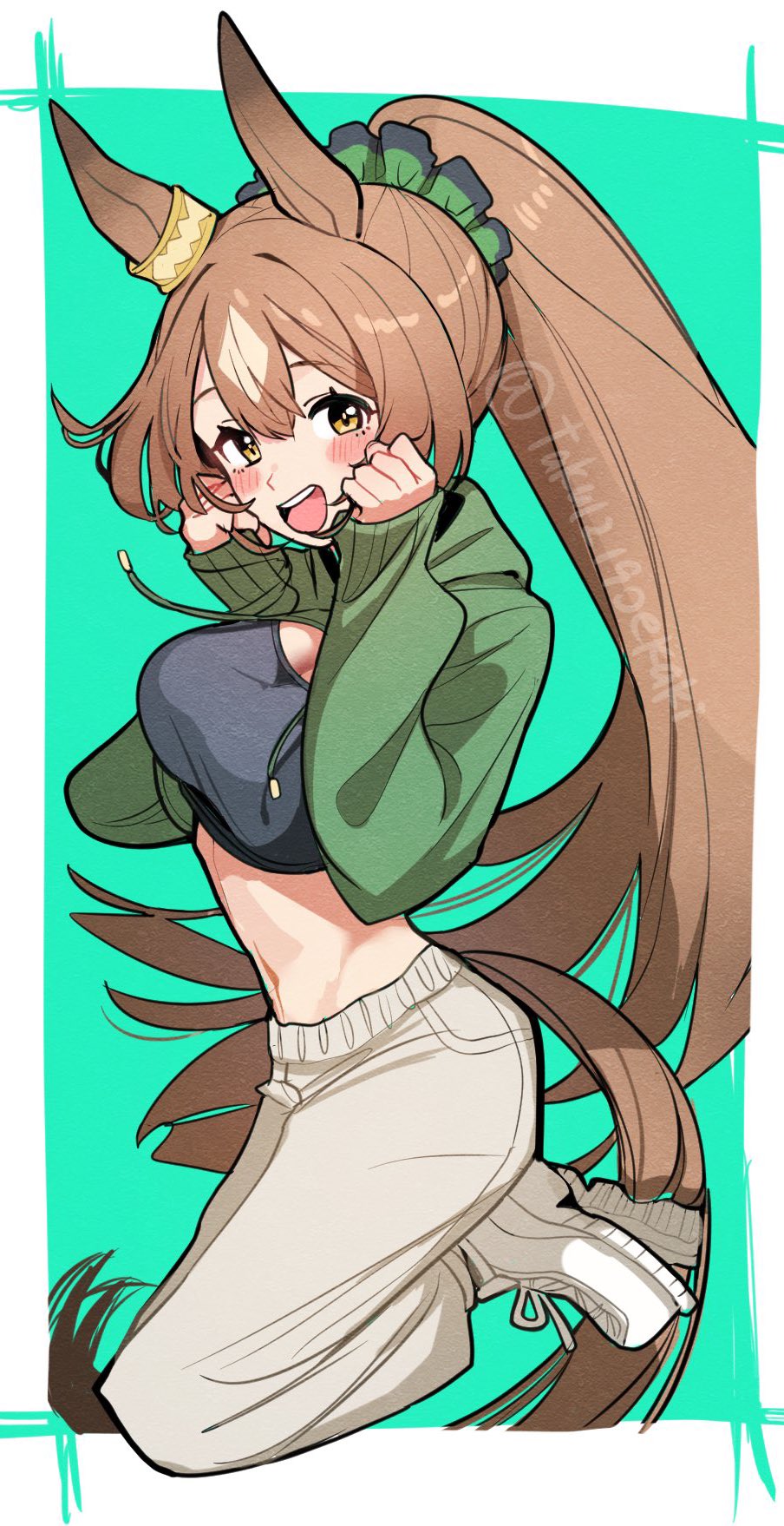 takuan (taku1219oekaki), satono diamond (umamusume), umamusume, hashtag-only commentary, highres, 1girl, alternate costume, animal ears, artist name, black sports bra, blush, border, breasts, brown eyes, brown hair, ear ornament, green background, green shrug, hair ornament, hood, hood down, hooded shrug, horse ears, horse girl, horse tail, large breasts, long hair, long sleeves, looking at viewer, navel, open mouth, outside border, pants, ponytail, shoes, shrug (clothing), simple background, smile, solo, sports bra, tail, teeth, upper teeth only, white border, white pants, white shoes