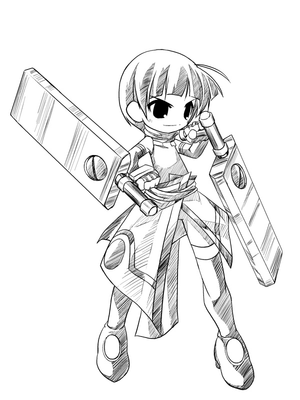 u-ka, schach nouera, windenschaft, lyrical nanoha, mahou shoujo lyrical nanoha, mahou shoujo lyrical nanoha strikers, uniform, 00s, 1girl, ahoge, armor, armored boots, blunt bangs, boots, club (weapon), dress, dual wielding, female focus, full body, greyscale, holding, holding weapon, monochrome, short hair, simple background, solo, thigh boots, thighhighs, weapon, white background