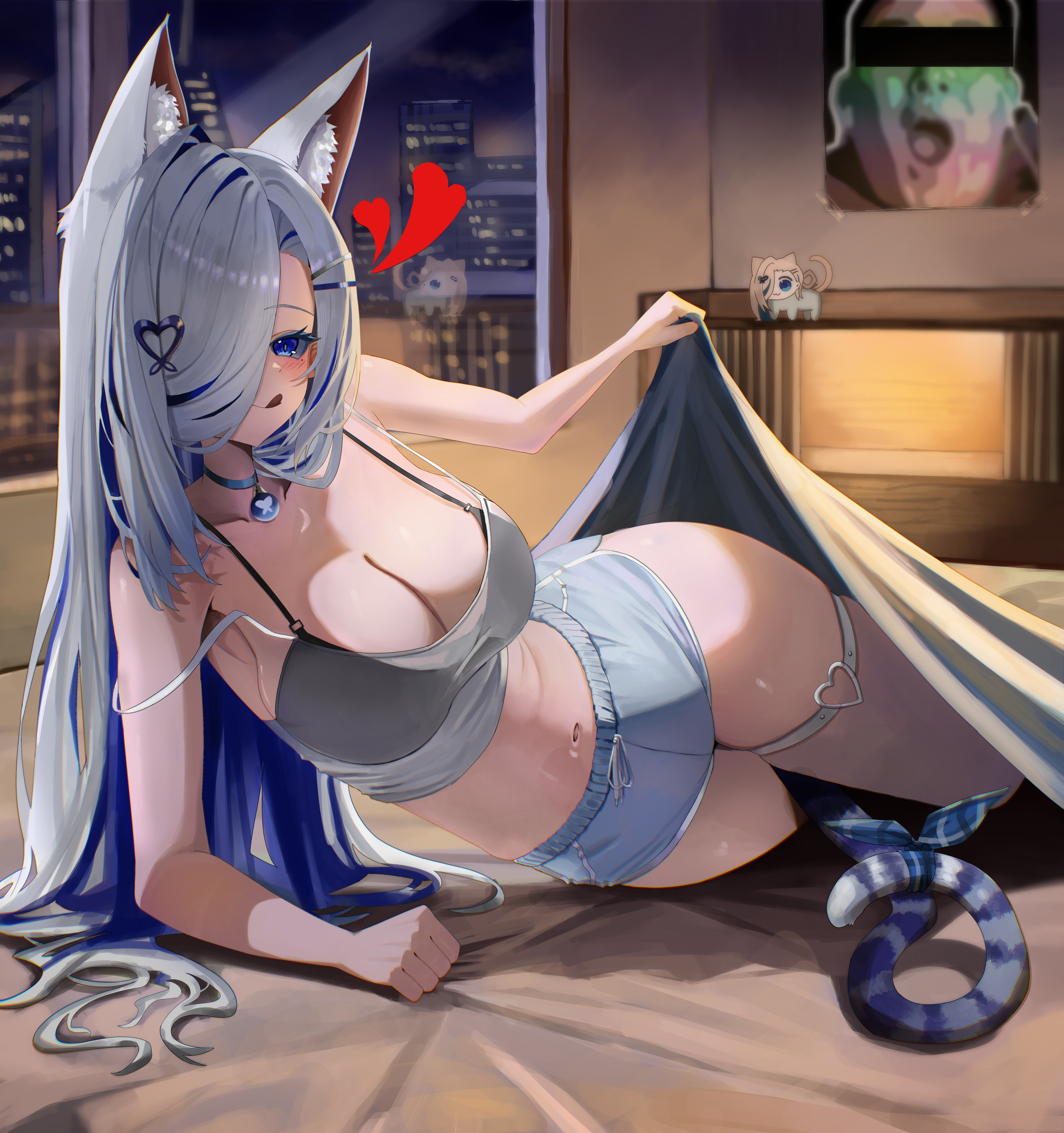 gang ryeol, ging nari, indie virtual youtuber, absurdres, commentary, highres, 1girl, :q, animal ears, bare arms, bare shoulders, black bra, blanket, blue choker, blue eyes, blue hair, blue shorts, bra, breasts, camisole, cat ears, cat girl, cat tail, choker, cleavage, closed mouth, crop top, dolphin shorts, drawstring, hair ornament, hair over one eye, heart, heart hair ornament, heart o-ring, large breasts, long hair, looking at viewer, lying, midriff, mole, mole under eye, multicolored hair, navel, o-ring, on bed, on side, reclining, see-through clothes, see-through shirt, shirt, short shorts, shorts, sleeveless, sleeveless shirt, smile, solo, spaghetti strap, stomach, strap slip, streaked hair, string bra, tail, thigh strap, tongue, tongue out, two-tone hair, underwear, very long hair, virtual youtuber, white hair, white shirt