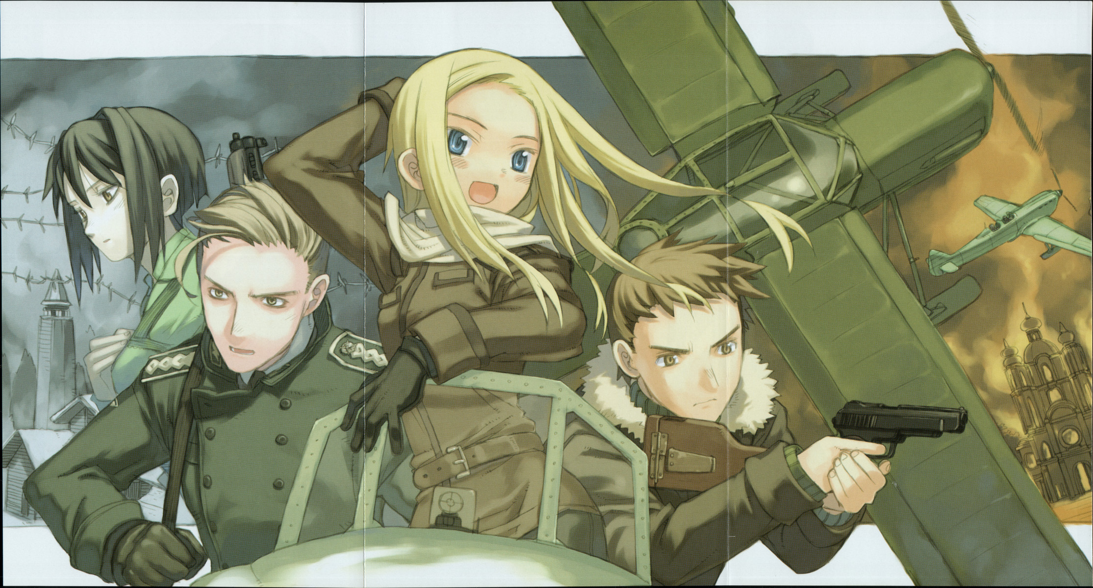 kuroboshi kouhaku, allison whittington, carr benedict, fiona (allison & lillia), wilhelm schultz, allison & lillia, highres, 00s, 2boys, 2girls, aircraft, airplane, belt, black hair, blonde hair, blue eyes, blush, brown eyes, brown hair, gloves, grey eyes, gun, handgun, jacket, multiple boys, multiple girls, pistol, short hair, weapon, wind