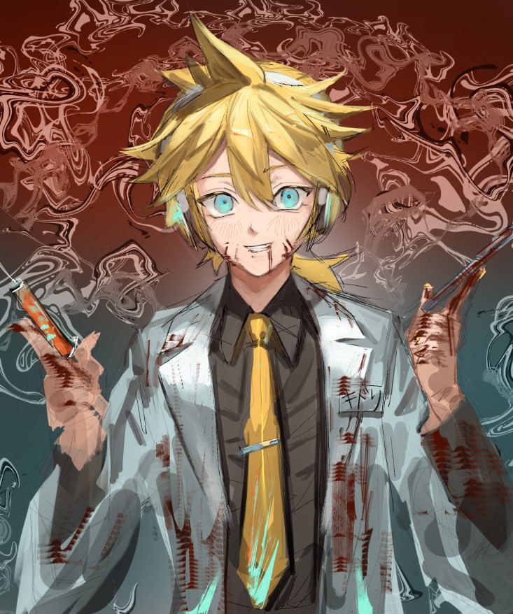 kagamine len, igaku (utau), vocaloid, 1boy, aqua eyes, black shirt, blonde hair, blood, blood on clothes, blood on face, blood on hands, blue eyes, coat, collared shirt, doctor, grin, headphones, holding, holding syringe, lab coat, looking at viewer, male focus, necktie, ponytail, rminari74, scalpel, shirt, short ponytail, sketch, smile, solo, spiked hair, syringe, upper body, white coat, yellow necktie