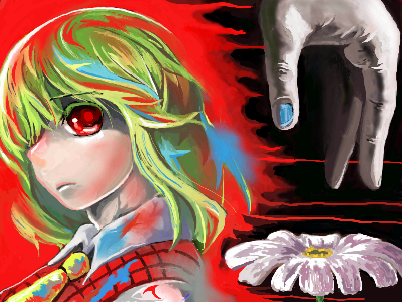 kazami yuuka, touhou, 1girl, ascot, blue nails, female focus, flower, green hair, hair over one eye, nail polish, necktie, plaid clothes, plaid vest, reaching, red eyes, sad, short hair, solo, vest