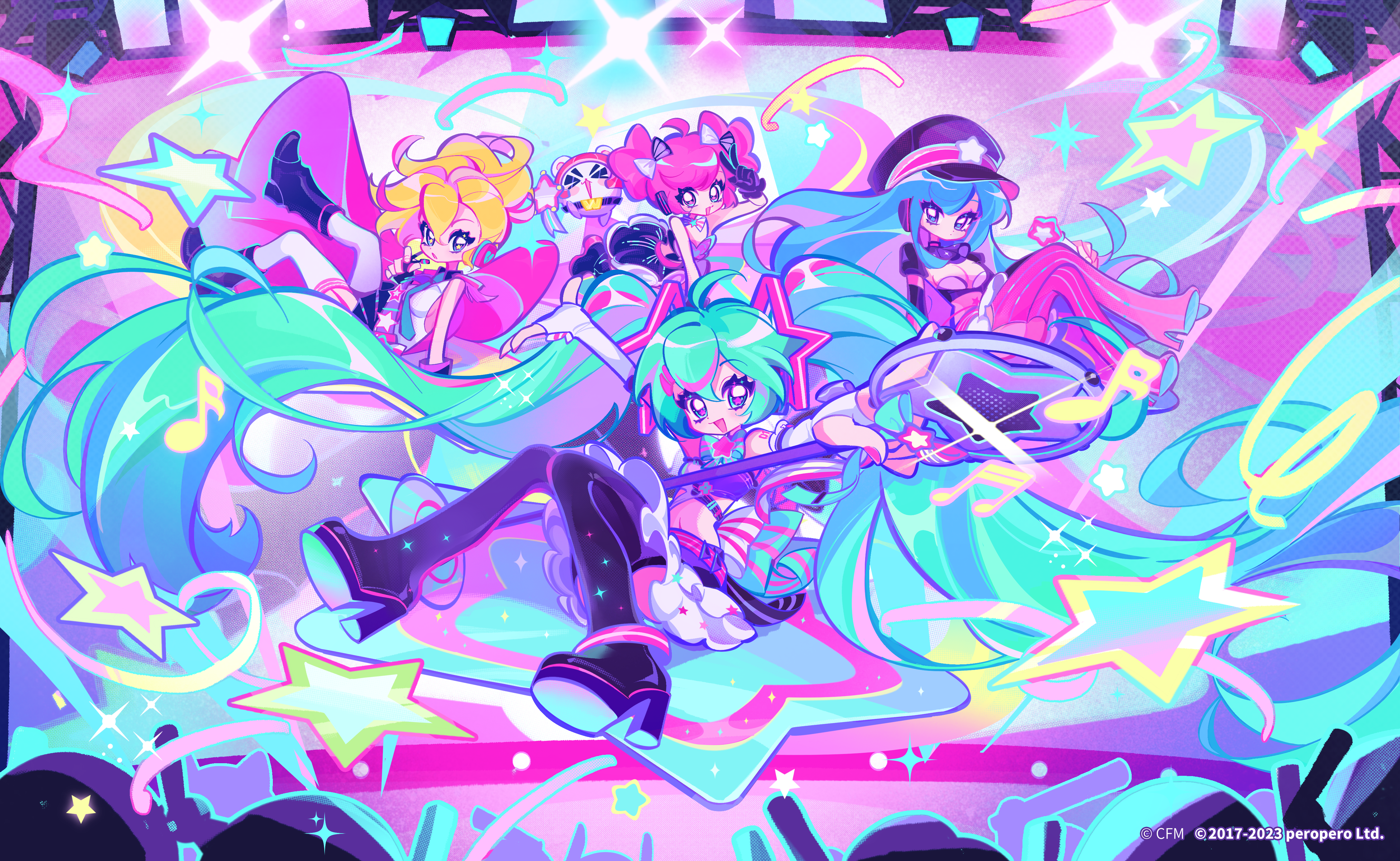 nori jooy, buro (muse dash), hatsune miku, marija (muse dash), rin (muse dash), muse dash, vocaloid, absurdres, highres, official art, second-party source, > <, 4girls, :d, absurdly long hair, ahoge, aqua bow, aqua bowtie, aqua eyes, aqua hair, aqua necktie, beamed sixteenth notes, black boots, black dress, black gloves, black hat, black skirt, blonde hair, blue eyes, blue hair, boots, bow, bowtie, breasts, cleavage, closed eyes, collared shirt, colorful, copyright notice, crop top, deformed, dress, elbow gloves, fingerless gloves, frilled skirt, frills, garter straps, gloves, hair bow, hair ornament, hairclip, hat, headphones, headset, holding, holding lightstick, holding microphone stand, large breasts, lightstick, long hair, looking at viewer, medium breasts, microphone, microphone stand, midriff, multicolored hair, multiple girls, musical note, nail polish, navel, necktie, neon palette, number tattoo, official alternate costume, ola (muse dash), open mouth, pink boots, pink eyes, pink hair, pink nails, pink streaks, ponytail, shirt, short hair, short twintails, shoulder tattoo, sixteenth note, skirt, sleeveless, sleeveless shirt, smile, sparkle, stage, star (symbol), star hair ornament, star in eye, streaked hair, symbol in eye, tattoo, thigh boots, thighhighs, twintails, v, very long hair, white gloves, white shirt, white skirt, white thighhighs