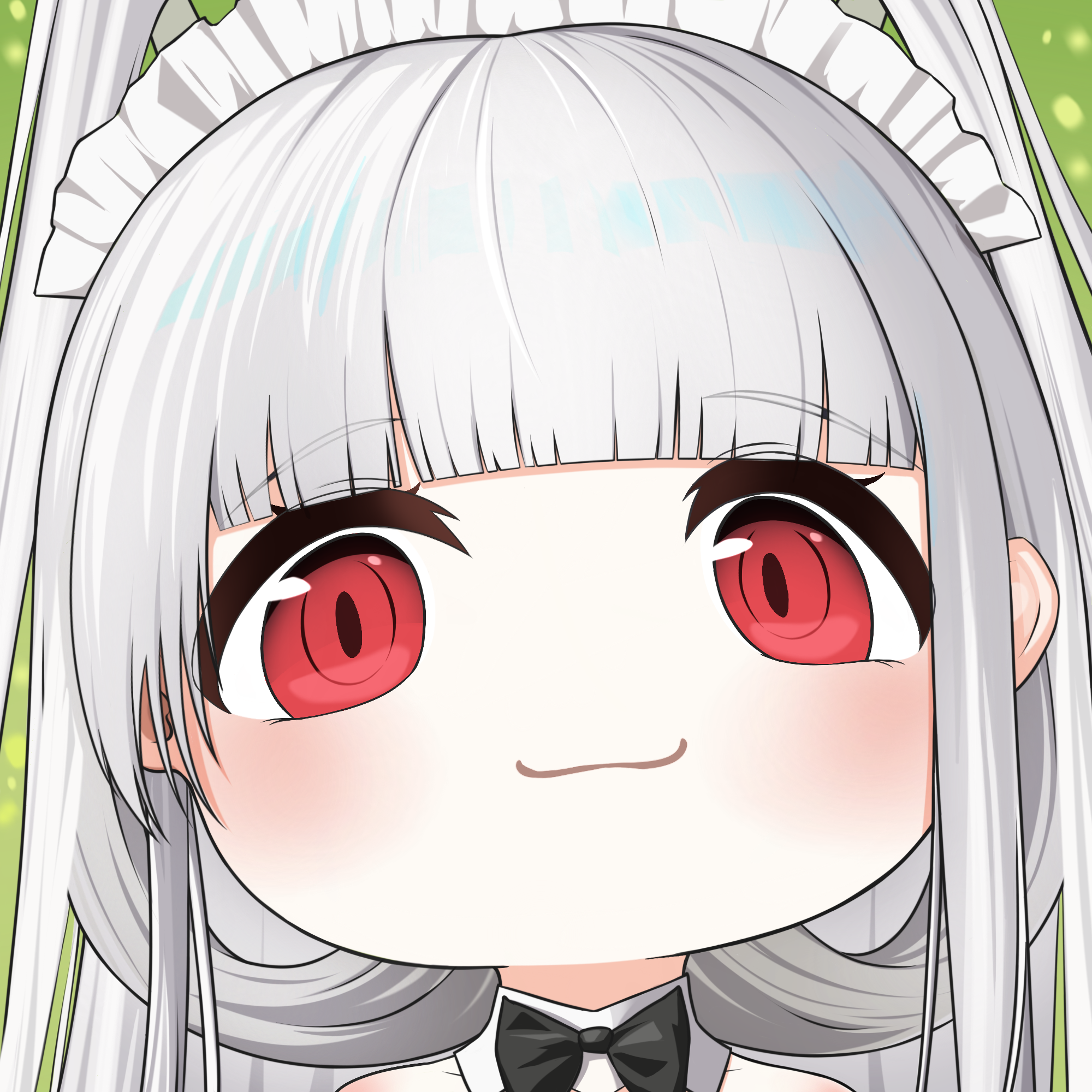 quancy (sduk8432), shimanto (azur lane), shimanto (the comfy dragon god) (azur lane), azur lane, commentary request, highres, 1girl, black bow, black bowtie, blush, bow, bowtie, closed mouth, dragon girl, dragon horns, grey hair, hair on horn, horns, long hair, looking at viewer, maid headdress, mutsuki face (blue archive), portrait, red eyes, smile, solo