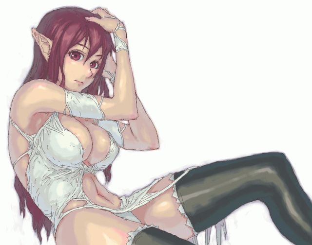 sasagawa (haikaiki), original, 1girl, breasts, elf, female focus, large breasts, long hair, midriff, pointy ears, red eyes, red hair, solo, thighhighs, torn clothes