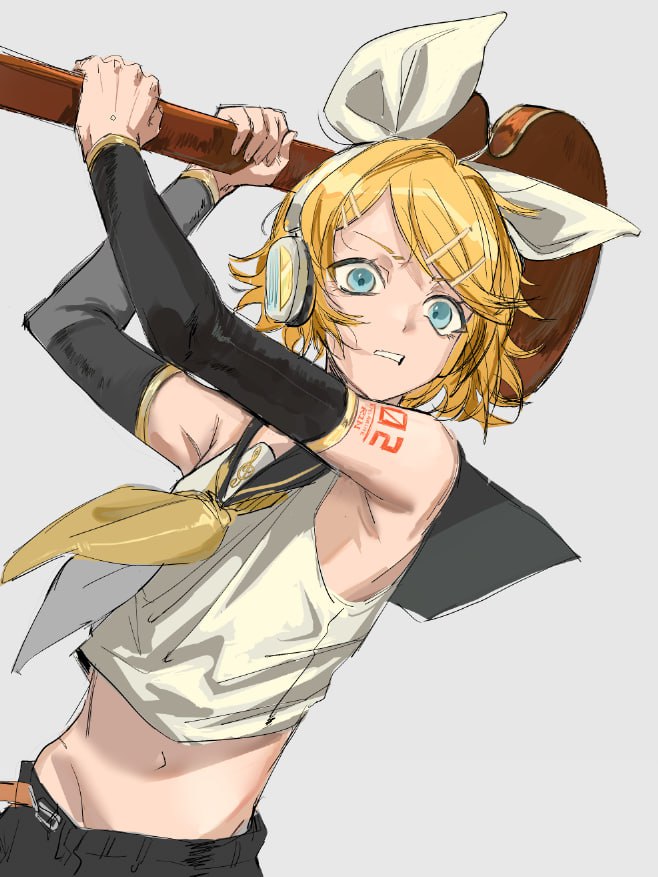 kagamine rin, vocaloid, 1girl, aqua eyes, arm tattoo, armpits, arms up, bare shoulders, black sailor collar, black shorts, black sleeves, blonde hair, blue eyes, bow, clenched teeth, crop top, detached sleeves, grey background, hair bow, hair ornament, hairclip, headphones, holding, instrument, looking at viewer, midriff, navel, neckerchief, number tattoo, rminari74, sailor collar, shirt, short hair, shorts, shoulder tattoo, simple background, skinny, sleeveless, sleeveless shirt, solo, swept bangs, tattoo, teeth, treble clef, white bow, white shirt, yellow neckerchief