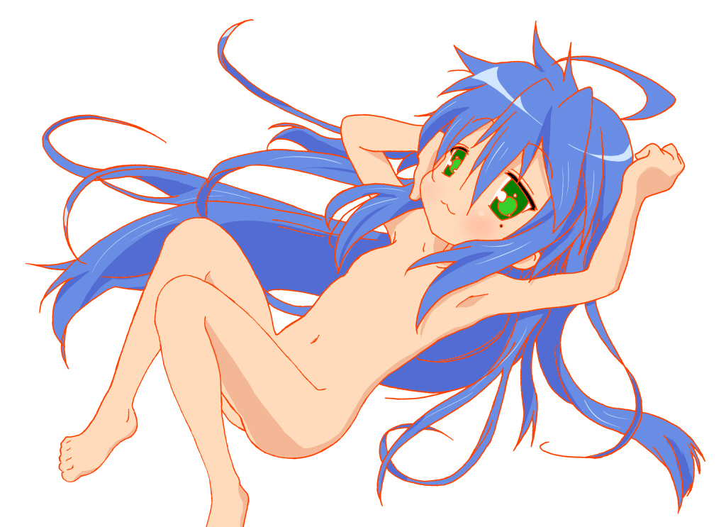 tyke, izumi konata, lucky star, 00s, 1girl, armpits, barefoot, blue hair, blush, feet, female focus, flat chest, green eyes, loli, long hair, mole, mole under eye, nude, solo