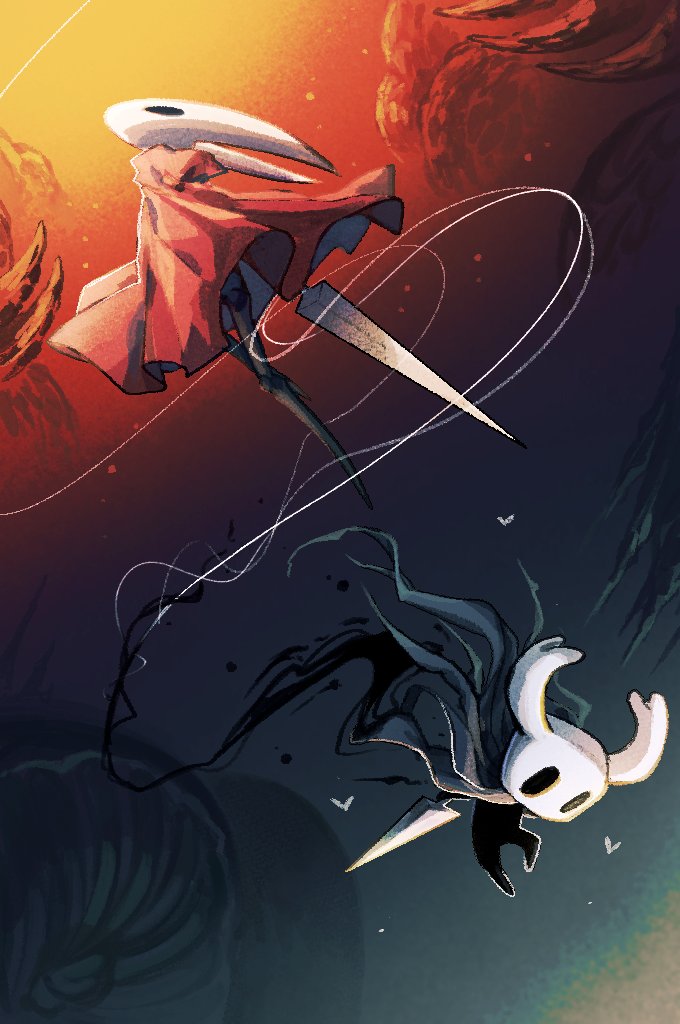ocohc, hornet (hollow knight), knight (hollow knight), hollow knight, hollow knight: silksong, 1girl, 1other, arthropod girl, cape, cloak, grey cloak, hollow eyes, horned mask, mask, nail (hollow knight), needle (hollow knight), red cloak, split theme