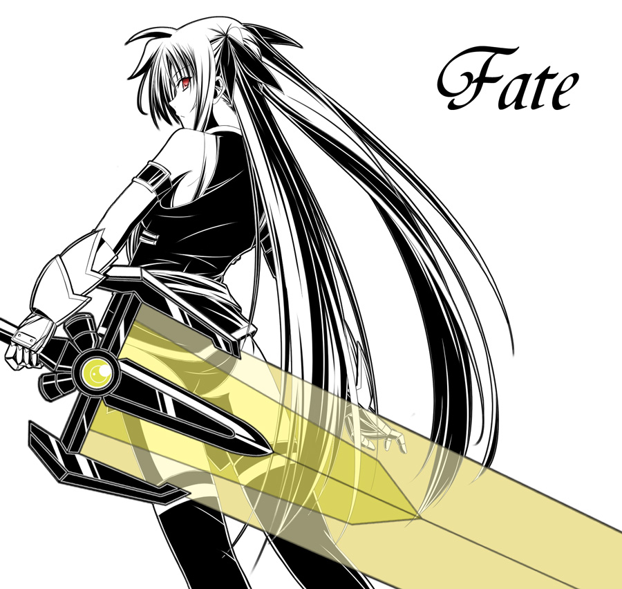 amicis, bardiche (nanoha), bardiche (zanber form) (nanoha), fate testarossa, fate testarossa (true sonic form), lyrical nanoha, mahou shoujo lyrical nanoha, mahou shoujo lyrical nanoha strikers, 00s, 1girl, female focus, long hair, solo, thighhighs, very long hair
