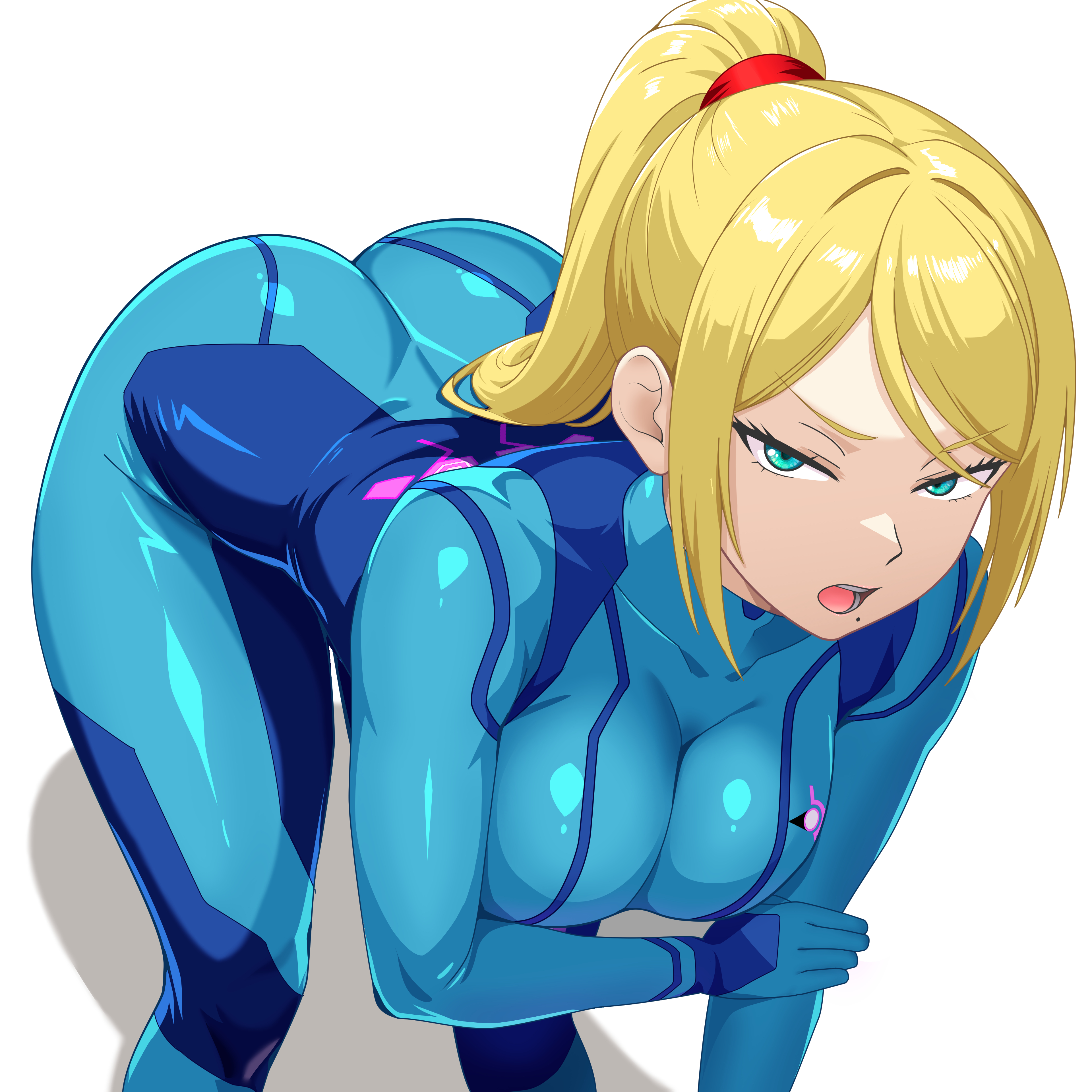 buni guun, samus aran, metroid, nintendo, absurdres, highres, 1girl, ass, bent over, blonde hair, blue bodysuit, blue eyes, bodysuit, breasts, green eyes, high ponytail, holding own arm, large breasts, looking at viewer, mole, mole under mouth, open mouth, ponytail, simple background, skin tight, solo, v-shaped eyebrows, white background, zero suit