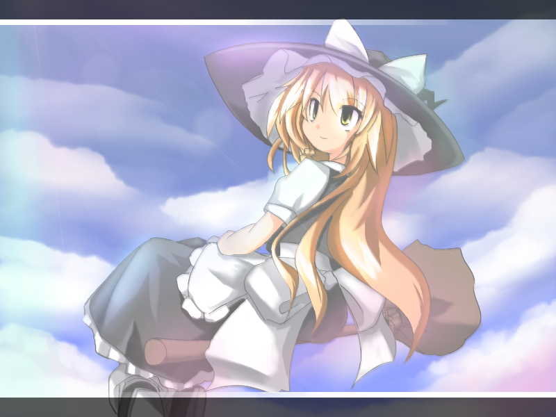neki-t, kirisame marisa, touhou, 1girl, black hat, blonde hair, broom, broom riding, female focus, hat, letterboxed, sidesaddle, solo