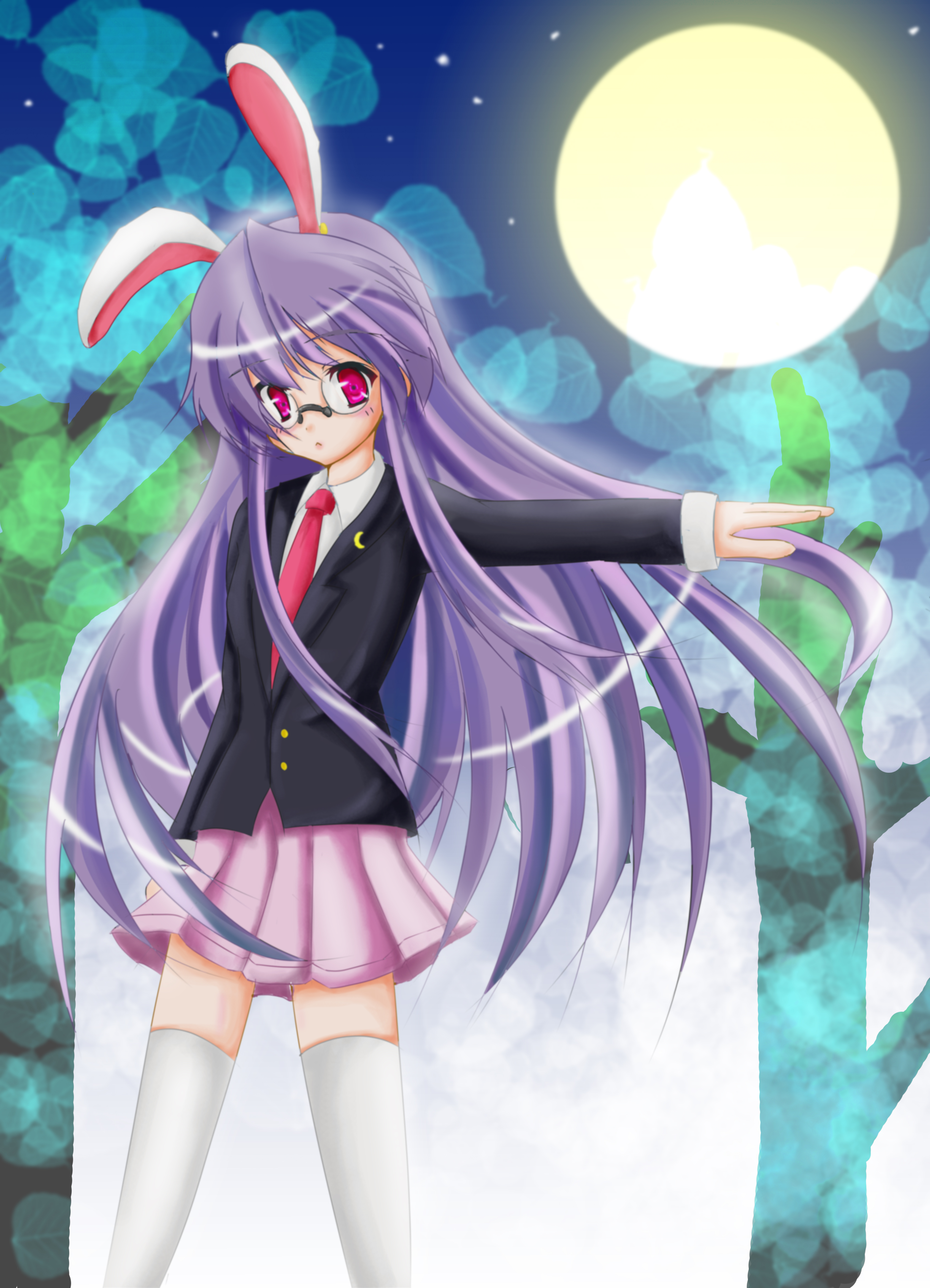 ebicha, reisen udongein inaba, touhou, absurdres, bad id, bad pixiv id, highres, 1girl, animal ears, female focus, moon, outdoors, rabbit ears, sky, solo, standing, thighhighs