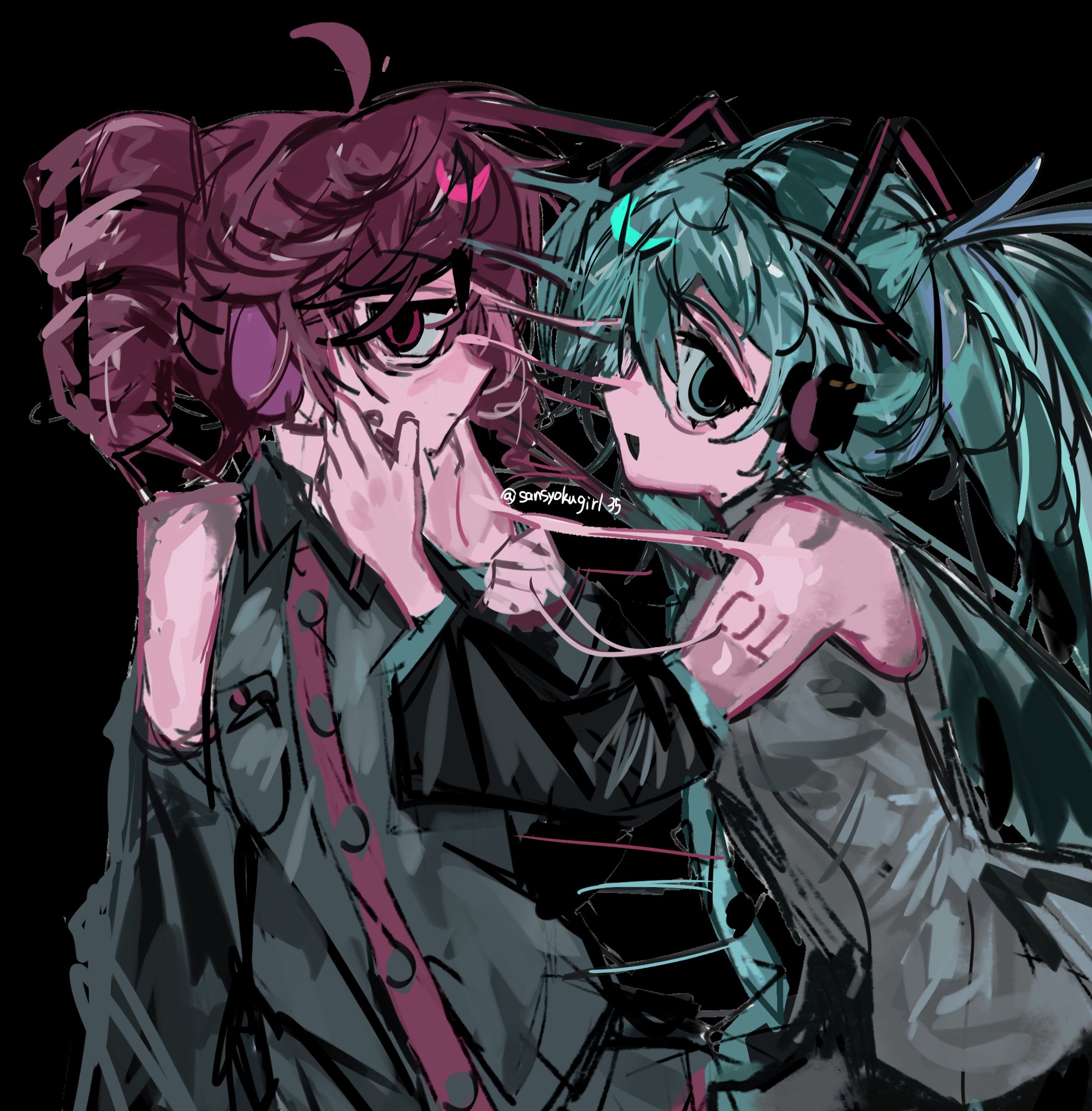 sansyokugirl35, hatsune miku, kasane teto, kasane teto (utau), utau, vocaloid, highres, 2girls, ahoge, aqua eyes, aqua hair, bare shoulders, black background, black shirt, black skirt, black sleeves, collared shirt, detached sleeves, drill hair, from side, grey shirt, hands on another's cheeks, hands on another's face, headphones, long hair, long sleeves, looking at viewer, multiple girls, number tattoo, open mouth, red eyes, red hair, shirt, shoulder tattoo, sideways glance, simple background, skirt, sleeveless, sleeveless shirt, smile, tattoo, twin drills, twintails, twitter username, upper body