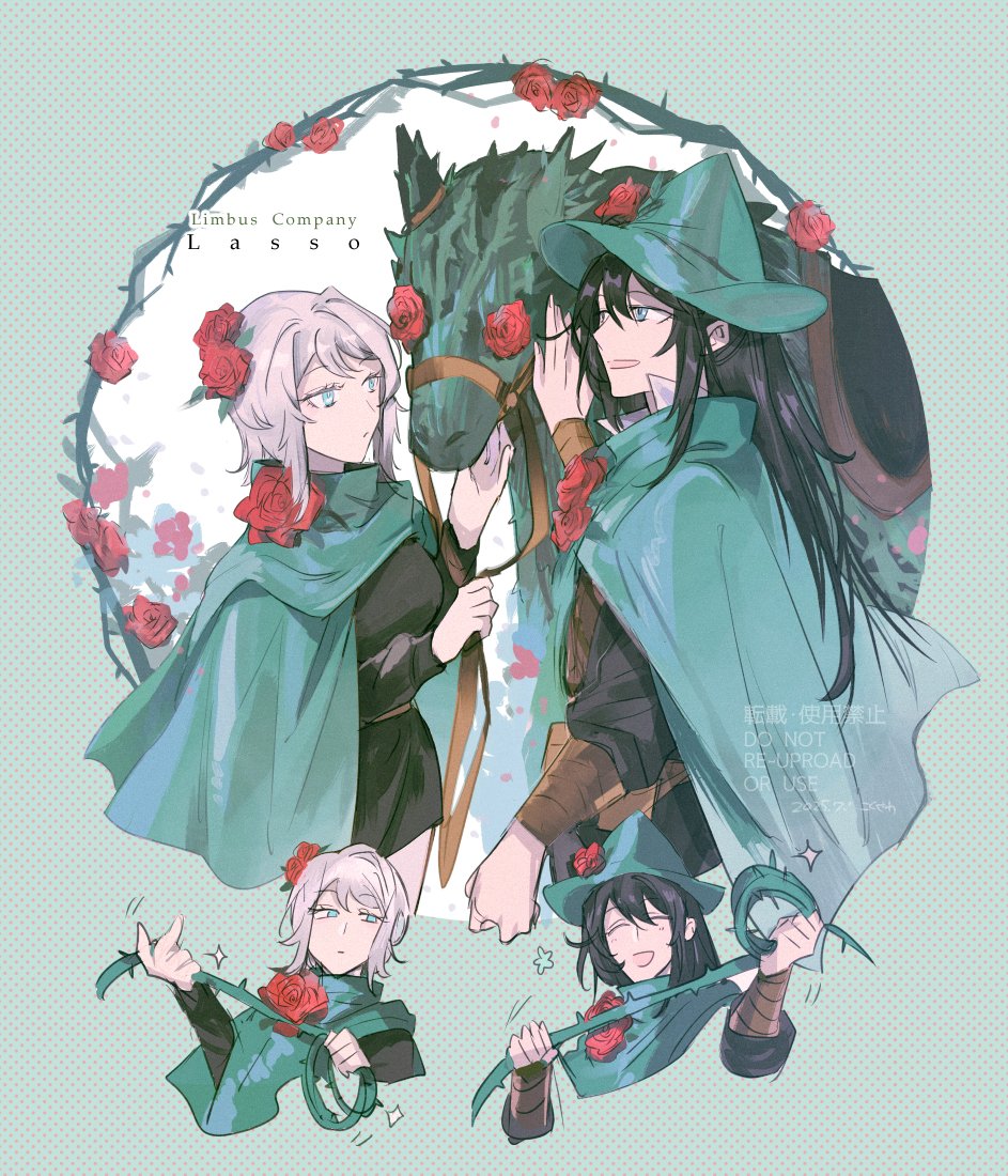 ko bammm, faust (project moon), hong lu (project moon), limbus company, project moon, 1boy, 1girl, aqua background, aqua cape, aqua hat, black hair, black jacket, blue eyes, cape, closed mouth, e.g.o (project moon), flower, hat, horse, jacket, lasso, lasso (e.g.o), long hair, polka dot, red flower, red rose, rose, short hair, sparkle, thorns, white hair, wrist wrap