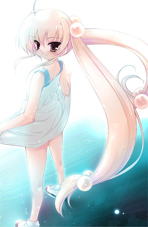 akahito, kokonoe rin, kodomo no jikan, bad id, bad pixiv id, 00s, ass, blush, bottomless, clothes lift, dress, dress lift, feet out of frame, from behind, full body, hair bobbles, hair ornament, loli, long hair, looking back, no panties, shoes, socks, solo, twintails, uwabaki