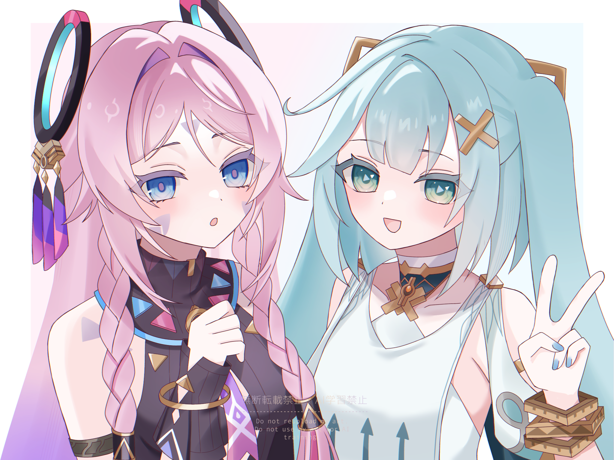 kino (curry pan), citlali (genshin impact), faruzan (genshin impact), genshin impact, commentary request, highres, revision, 2girls, :d, :o, aqua hair, aqua nails, aqua pupils, bare shoulders, blue eyes, braid, breasts, cowlick, facial mark, fingernails, forehead mark, green eyes, hair ornament, hand up, long hair, looking at viewer, medium breasts, multicolored hair, multiple girls, nail polish, open mouth, pink hair, pink pupils, purple hair, simple background, sleeveless, smile, symbol-shaped pupils, teeth, triangle-shaped pupils, twitter username, upper teeth only, v, very long hair, white background, x hair ornament