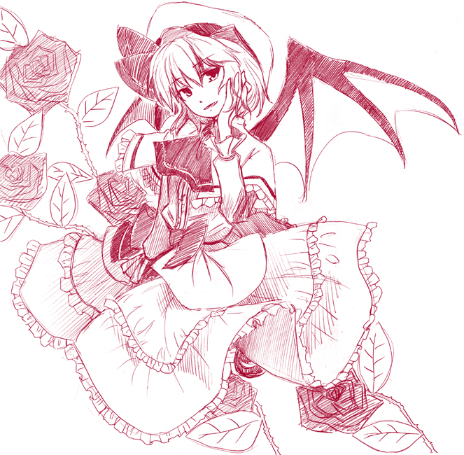 himeno suika, remilia scarlet, touhou, 1girl, ascot, bat wings, brooch, female focus, flower, hat, jewelry, monochrome, red flower, red rose, red theme, rose, solo, wings