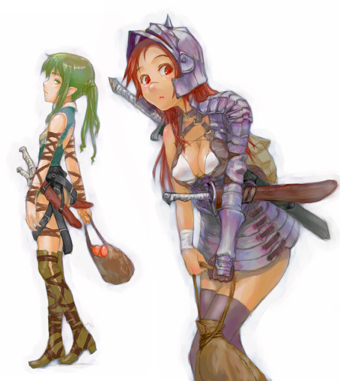 sasagawa (haikaiki), 2girls, armor, boots, elf, fantasy, flat chest, green hair, helmet, long hair, multiple girls, pointy ears, red eyes, red hair, scar, scar on face, scar on nose, sword, thighhighs, warrior, weapon