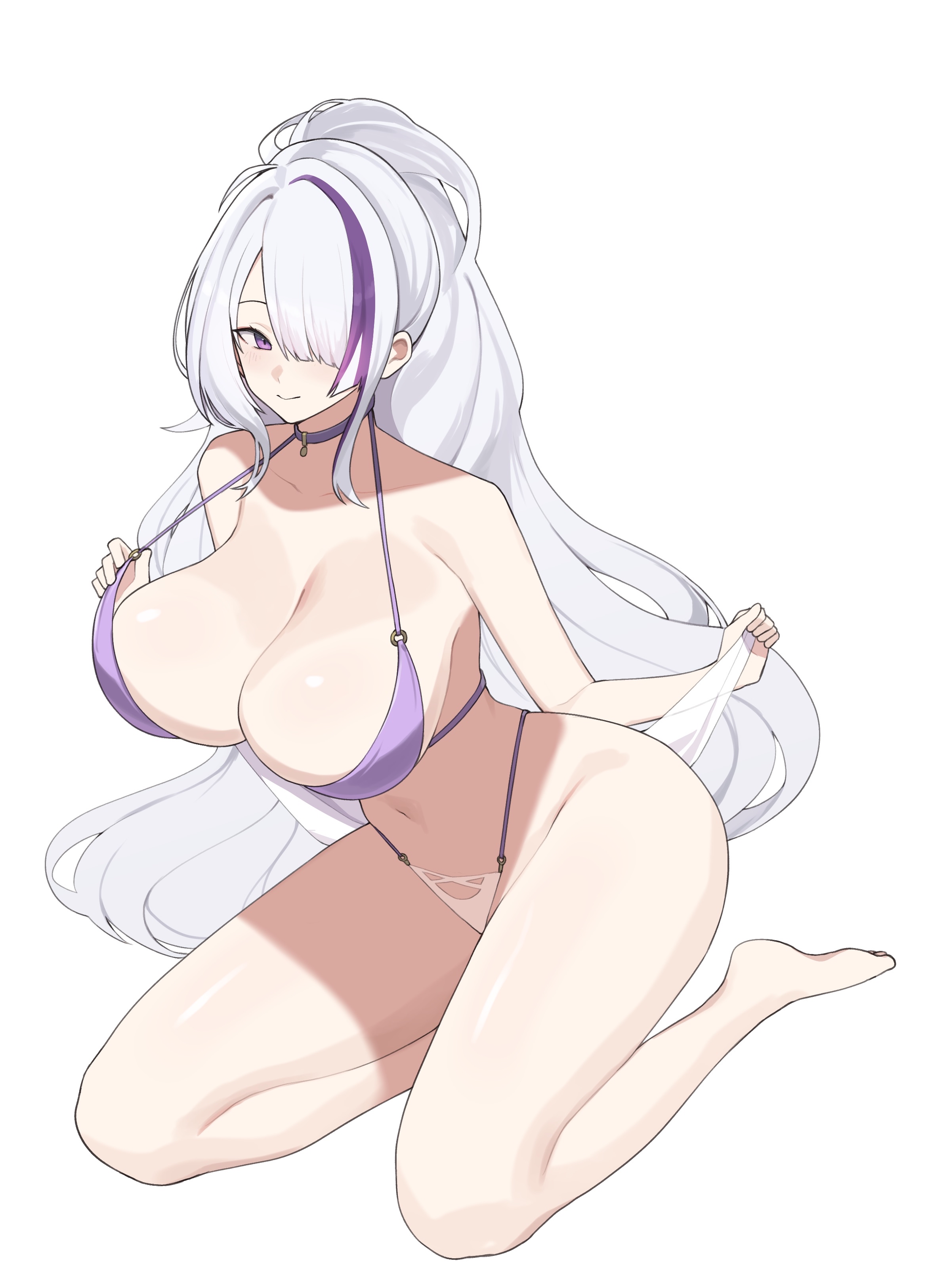 kurowanjjyang, unzen (azur lane), unzen (sojourn through clear seas) (azur lane), azur lane, absurdres, commentary, highres, 1girl, bikini, bikini tug, breasts, choker, cleavage, full body, hair over one eye, huge breasts, leaning to the side, long hair, looking at viewer, multicolored hair, o-ring, o-ring bikini, official alternate costume, ponytail, pulling own clothes, purple bikini, purple eyes, purple hair, seiza, simple background, sitting, smile, solo, streaked hair, swimsuit, very long hair, white background, white hair