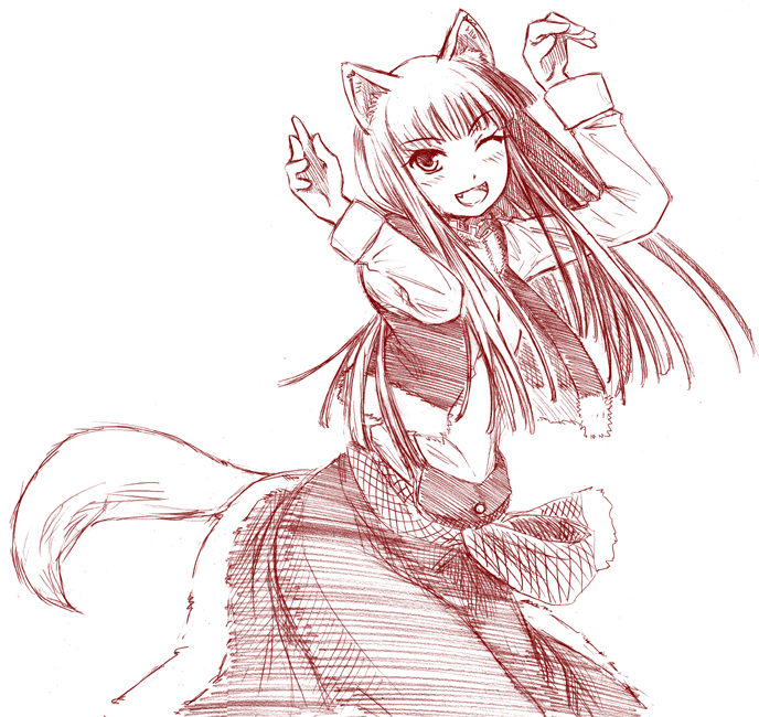 himeno suika, holo, spice and wolf, 00s, 1girl, animal ears, arms up, fang, female focus, long hair, monochrome, one eye closed, red theme, solo, tail, wolf ears, wolf tail
