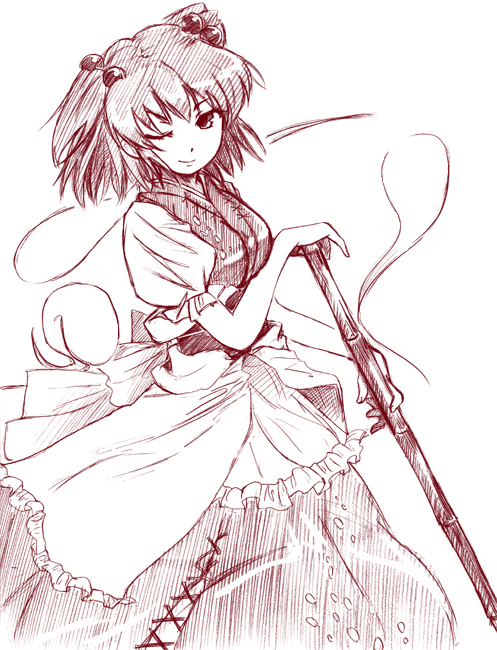 himeno suika, onozuka komachi, touhou, 1girl, dress, female focus, hair bobbles, hair ornament, hitodama, monochrome, one eye closed, red theme, solo, twintails, two side up, wink