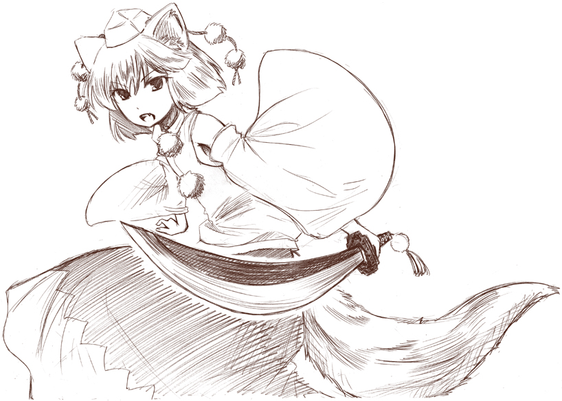 himeno suika, inubashiri momiji, touhou, 1girl, brown theme, female focus, monochrome, solo, sword, weapon, wolf ears