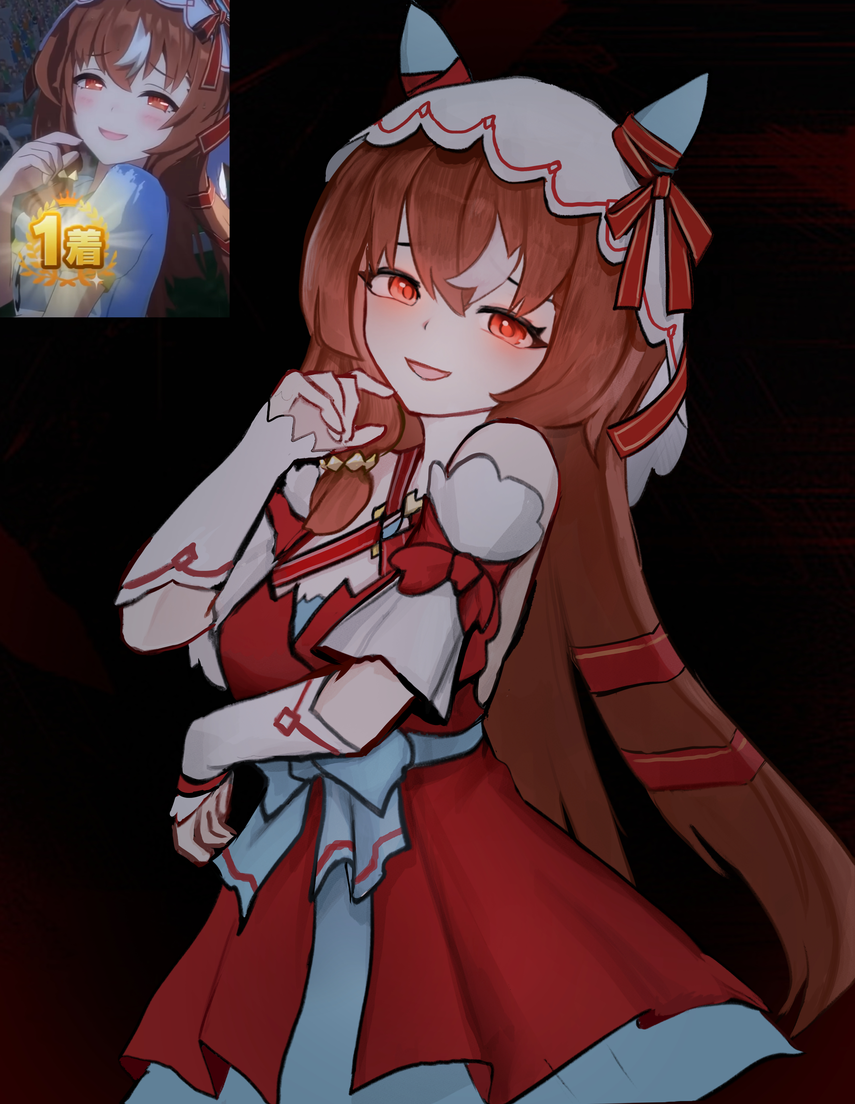 wawamachi, still in love (umamusume), umamusume, absurdres, commentary, english commentary, highres, 1girl, :d, animal ears, bare shoulders, black background, brown hair, dress, glowing, glowing eyes, hair between eyes, hand up, horse ears, horse girl, long hair, looking at viewer, open mouth, red dress, red eyes, screenshot inset, simple background, smile, solo, veil, white veil