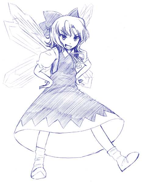 himeno suika, cirno, embodiment of scarlet devil, touhou, 1girl, blue theme, bow, fairy, female focus, hands on own hips, monochrome, open mouth, simple background, smile, solo, tsurime, wings