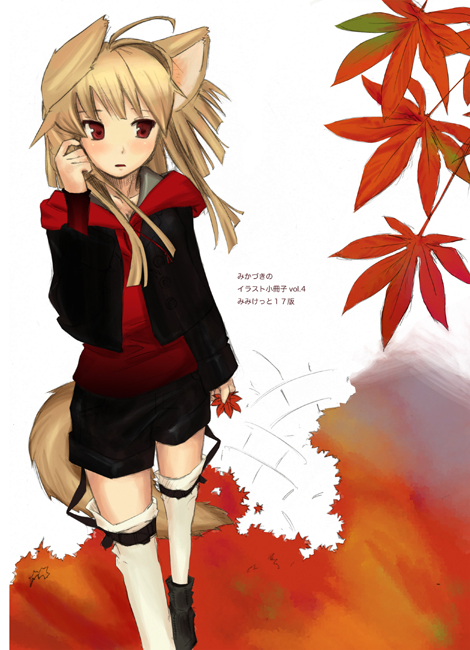 himeno suika, animal ears, blonde hair, dog ears, red eyes, shorts, solo, tail, thighhighs