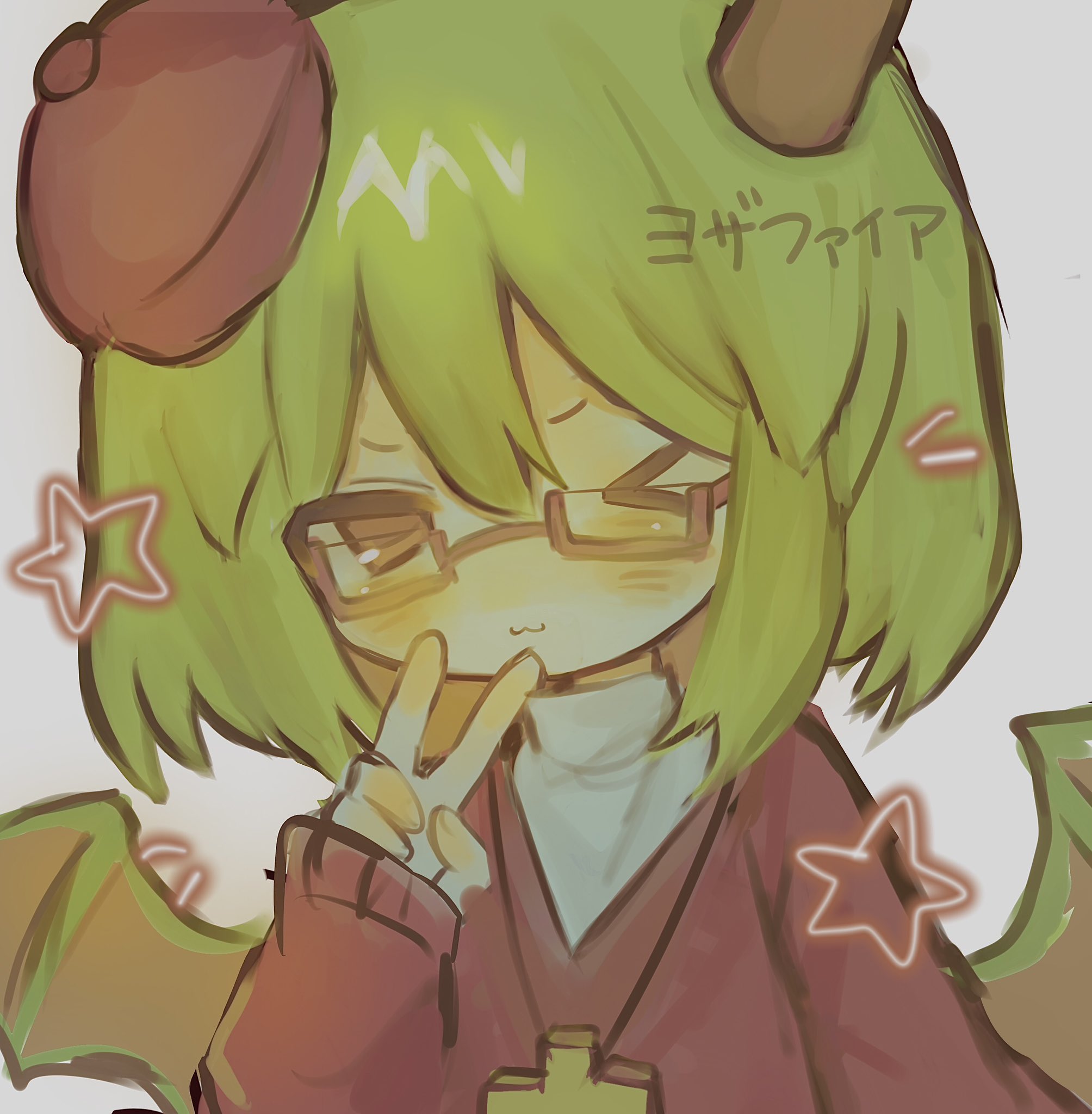 yosafire (funamusea), funamusea, haiiro teien, hashtag-only commentary, highres, > o, 1girl, :3, beret, blush, closed mouth, cross, cross necklace, demon horns, demon wings, green hair, grey background, hat, horns, jewelry, looking at viewer, medium hair, miruki nuko, necklace, one eye closed, red-framed eyewear, red hat, red sweater, semi-rimless eyewear, simple background, single horn, solo, star (symbol), sweater, upper body, v, wings