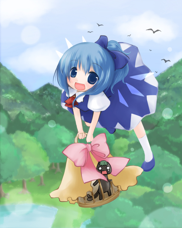 futami yayoi, chen, chen (cat), cirno, majo no takkyuubin, studio ghibli, touhou, 1girl, alternate hairstyle, animal, basket, blue eyes, blue hair, cage, cat, dress, female focus, forest, hair ribbon, matching hair/eyes, nature, outdoors, parody, plant, ponytail, ribbon, sky, solo, tears