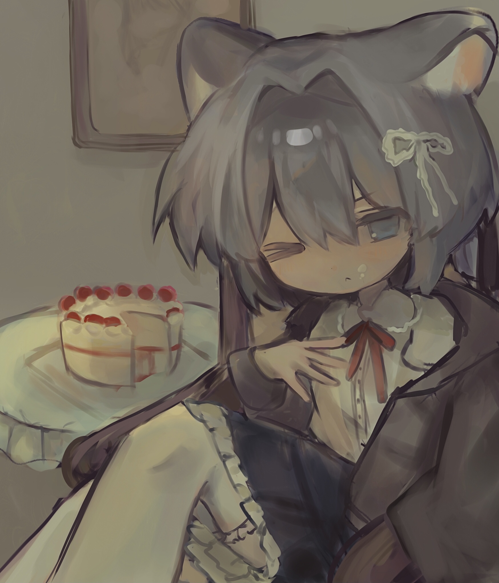 original, hashtag-only commentary, highres, > o, 1girl, animal ears, blue eyes, blue skirt, brown jacket, buttons, cake, cat ears, chair, closed mouth, collared shirt, food, food on face, grey hair, hair intakes, hair ribbon, jacket, looking at viewer, medium hair, miruki nuko, neck ribbon, one eye closed, open clothes, open jacket, painting (object), red ribbon, ribbon, shirt, sitting, skirt, solo, table, white ribbon, white shirt