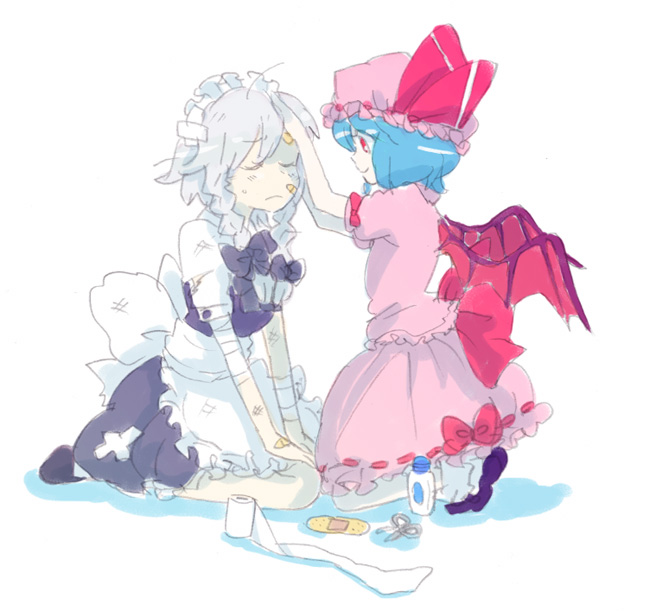 mokeo, izayoi sakuya, remilia scarlet, touhou, 2girls, bandages, dress, female focus, hat, maid, multiple girls, skirt, white background, wings