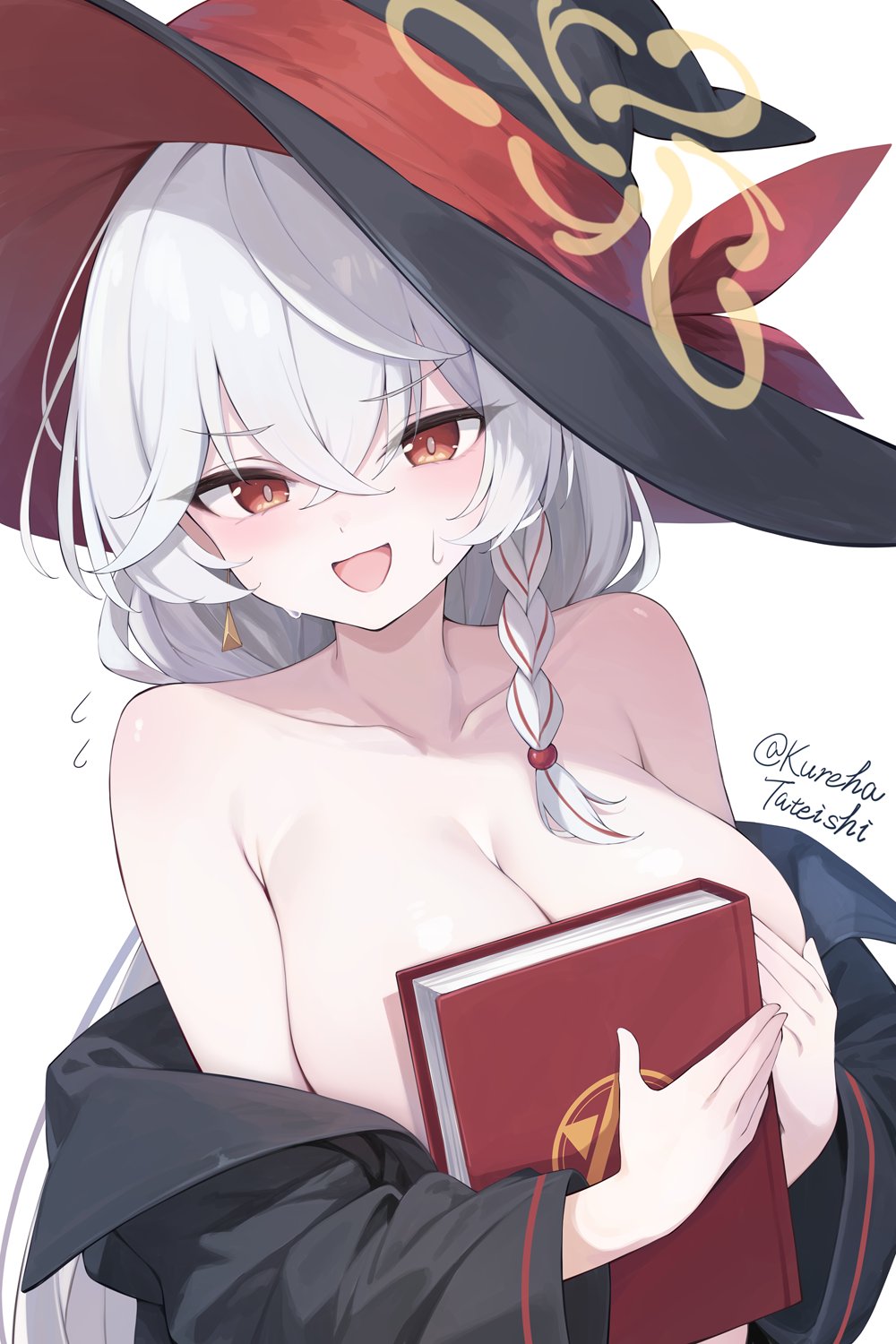 tateishi kureha, eri (blue archive), blue archive, highres, 1girl, breasts, cleavage, collarbone, halo, hat, nude, side halo, simple background, solo, tilted halo, two-sided fabric, two-sided headwear, upper body, white background, witch hat, yellow halo