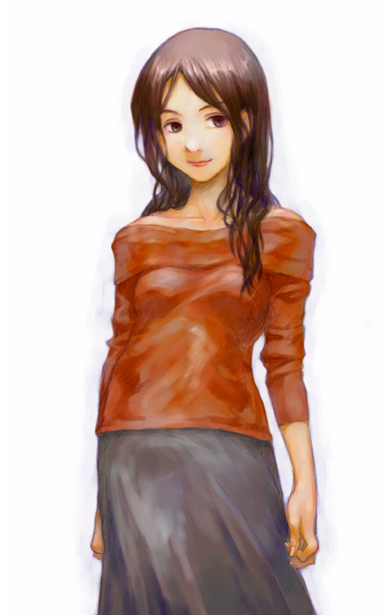 sasagawa (haikaiki), 1girl, bare shoulders, brown hair, casual, female focus, long hair, simple background, smile, solo, wavy hair
