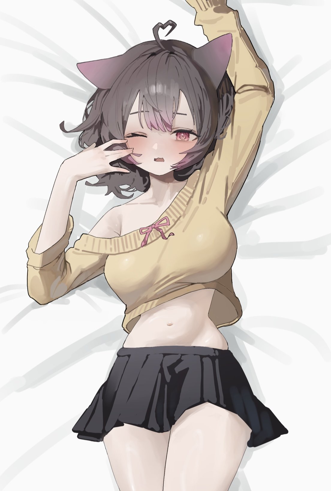 original, commission, highres, 1girl, 570 ml, ahoge, animal ears, arm up, bare shoulders, bed sheet, black skirt, blush, breasts, brown hair, cat ears, crop top, crop top overhang, gradient hair, hand up, heart, heart ahoge, large breasts, long sleeves, looking at viewer, lying, midriff, miniskirt, multicolored hair, navel, off shoulder, on back, one eye closed, open mouth, pleated skirt, red eyes, short hair, skirt, solo, stomach, sweater, thighs, yellow sweater