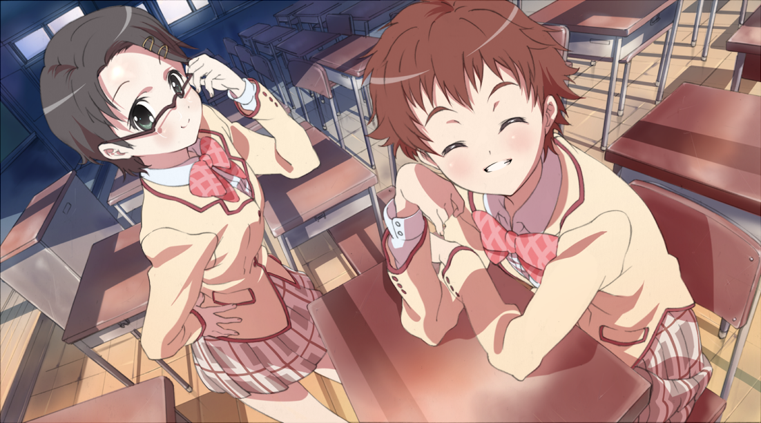 p.k., asahina akane, sasamori yuuki, kanokon, bad id, bad pixiv id, 00s, 2girls, bow, bowtie, buttoned cuffs, buttons, chair, chalkboard, classroom, closed eyes, desk, glasses, indoors, multiple girls, on chair, plaid bow, plaid bowtie, plaid clothes, plaid skirt, school, school uniform, serafuku, skirt, smile, window