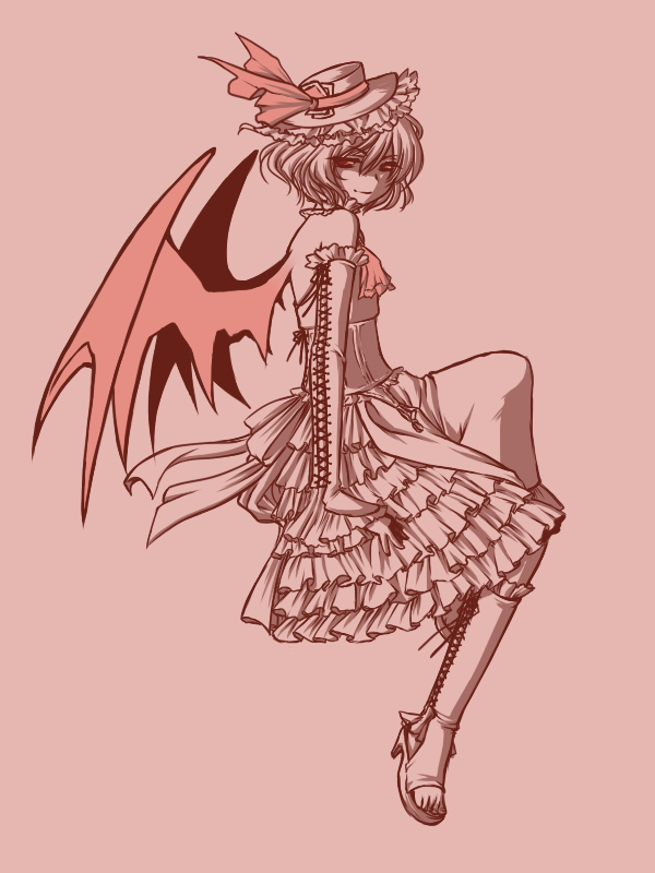 tsukiya sakumi, remilia scarlet, touhou, 1girl, alternate costume, bat wings, elbow gloves, female focus, gloves, hat, lolita fashion, monochrome, pink theme, solo, wings