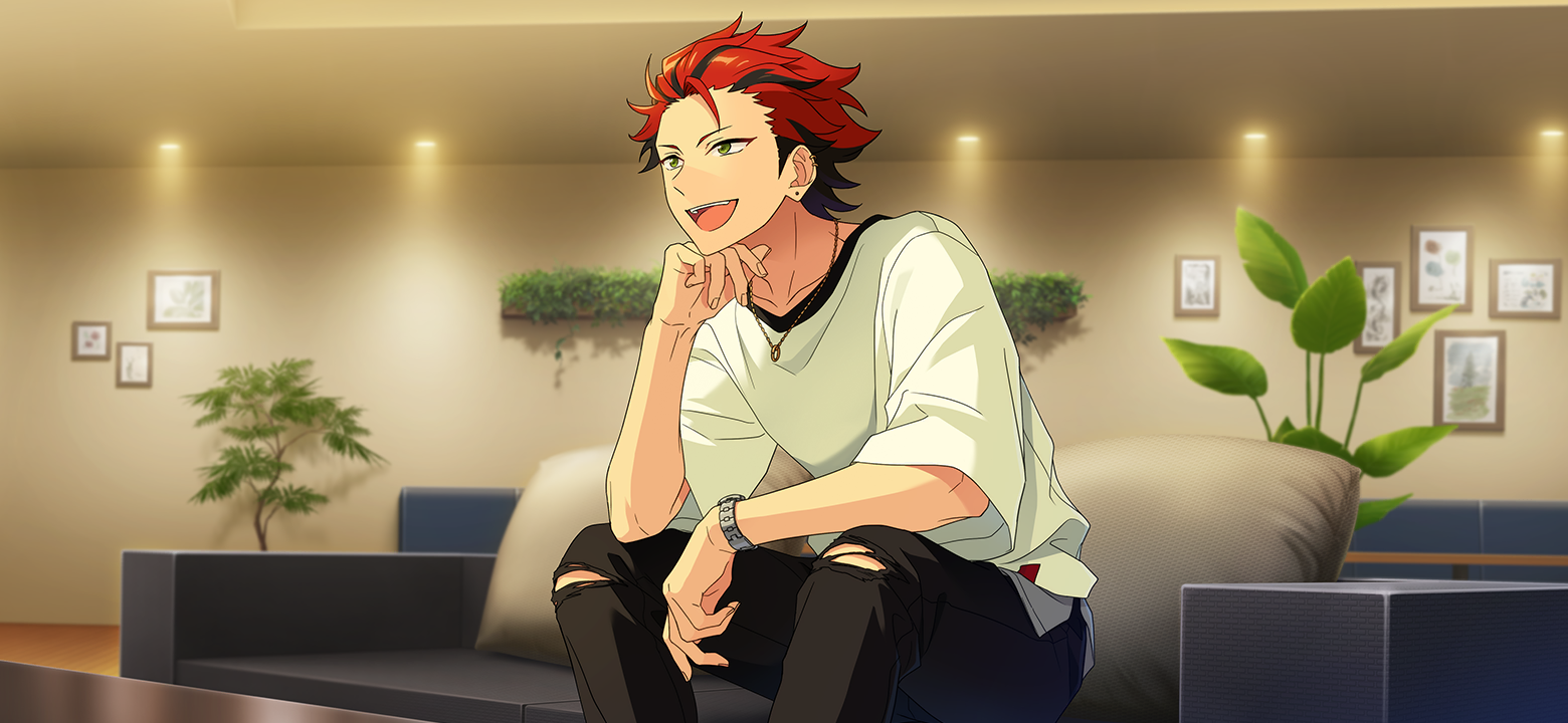 happy elements, kiryu kuro, ensemble stars!, official art, third-party source, 1boy, black hair, black pants, couch, ear piercing, earrings, fingernails, green eyes, hand up, jewelry, learning from the past (ensemble stars!), male focus, multicolored hair, necklace, on couch, open mouth, pants, picture frame, piercing, pillow, plant, red hair, shirt, short hair, sitting, solo, stud earrings, teeth, torn clothes, torn pants, two-tone hair, upper teeth only, watch, white shirt, wristwatch