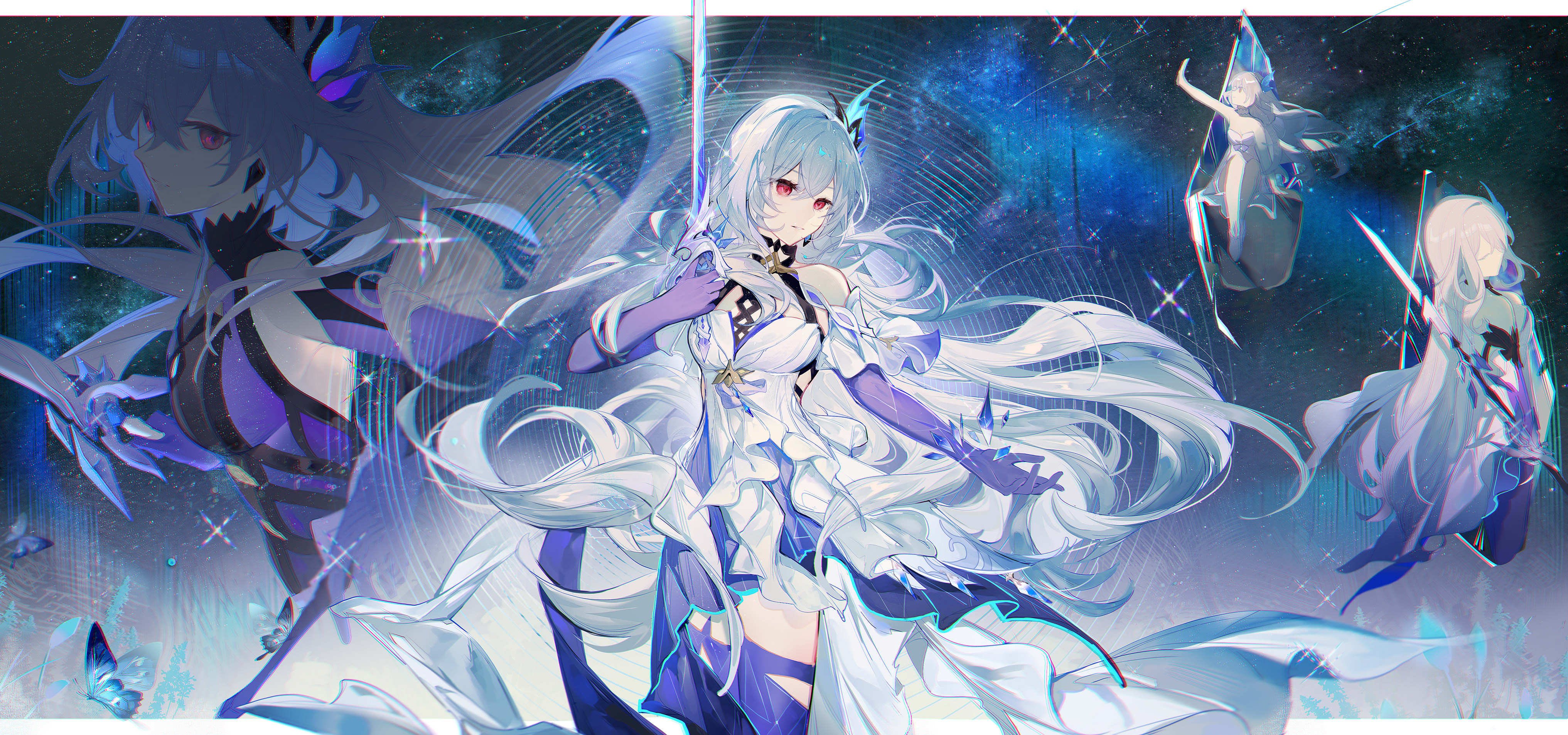 qianqianjie, skirk (genshin impact), genshin impact, absurdres, highres, 1girl, bare shoulders, closed eyes, closed mouth, dress, expressionless, hair between eyes, hair ornament, holding, holding sword, holding weapon, long hair, looking down, multiple views, parted lips, red eyes, skirk (young) (genshin impact), star (sky), starry sky background, sword, very long hair, weapon, white dress, white hair