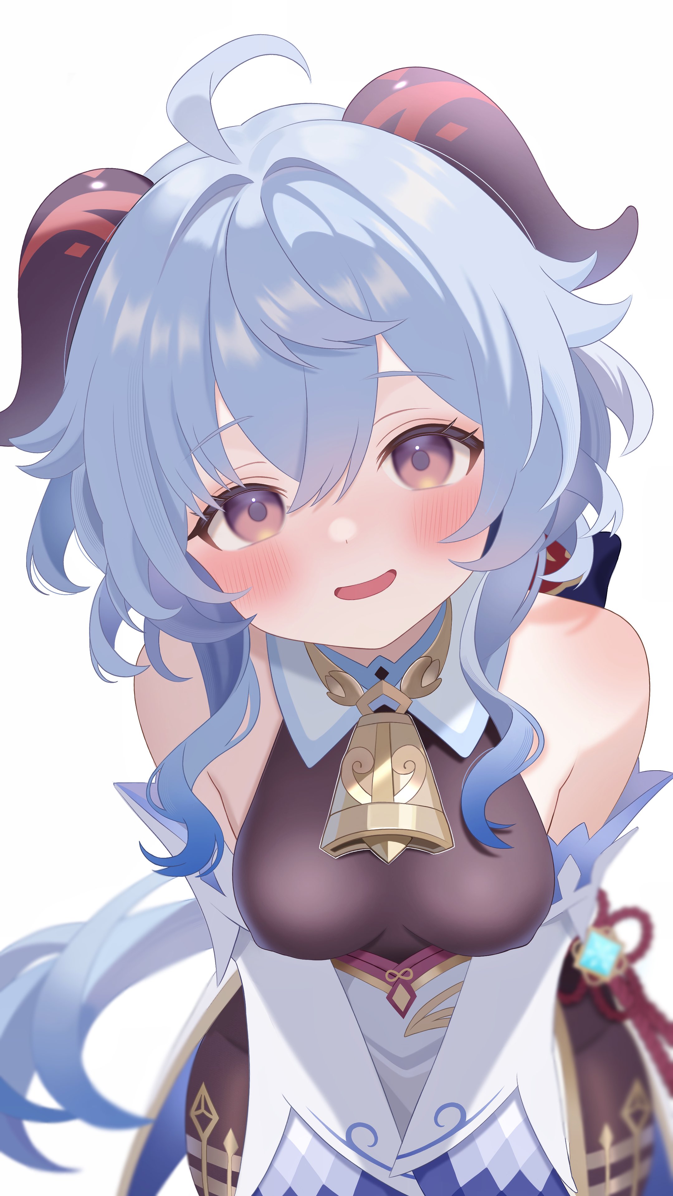 fuminshou (nekopan art), ganyu (genshin impact), genshin impact, absurdres, highres, 1girl, ahoge, bare shoulders, bell, blue hair, blush, breasts, covered erect nipples, detached sleeves, horns, long hair, looking at viewer, medium breasts, neck bell, open mouth, purple eyes, sidelocks, smile, solo, vision (genshin impact), white background, white sleeves