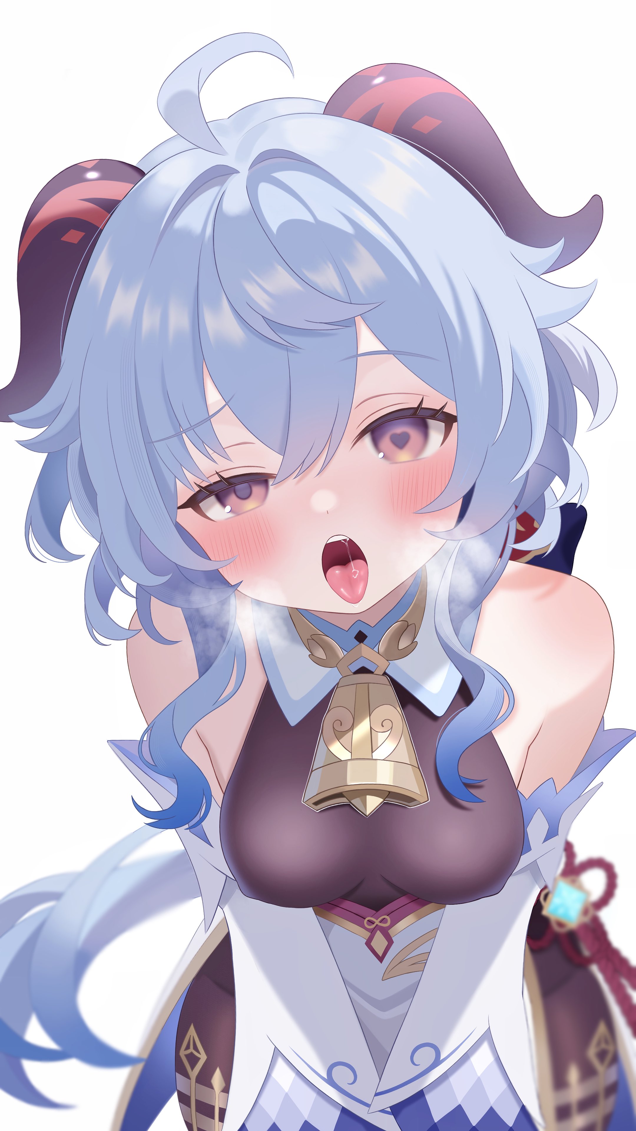 fuminshou (nekopan art), ganyu (genshin impact), genshin impact, absurdres, highres, 1girl, ahoge, bare shoulders, bell, blue hair, blush, breasts, covered erect nipples, detached sleeves, heart, heart-shaped pupils, heavy breathing, horns, long hair, looking at viewer, medium breasts, neck bell, open mouth, purple eyes, saliva, sidelocks, solo, symbol-shaped pupils, tongue, vision (genshin impact), white background, white sleeves