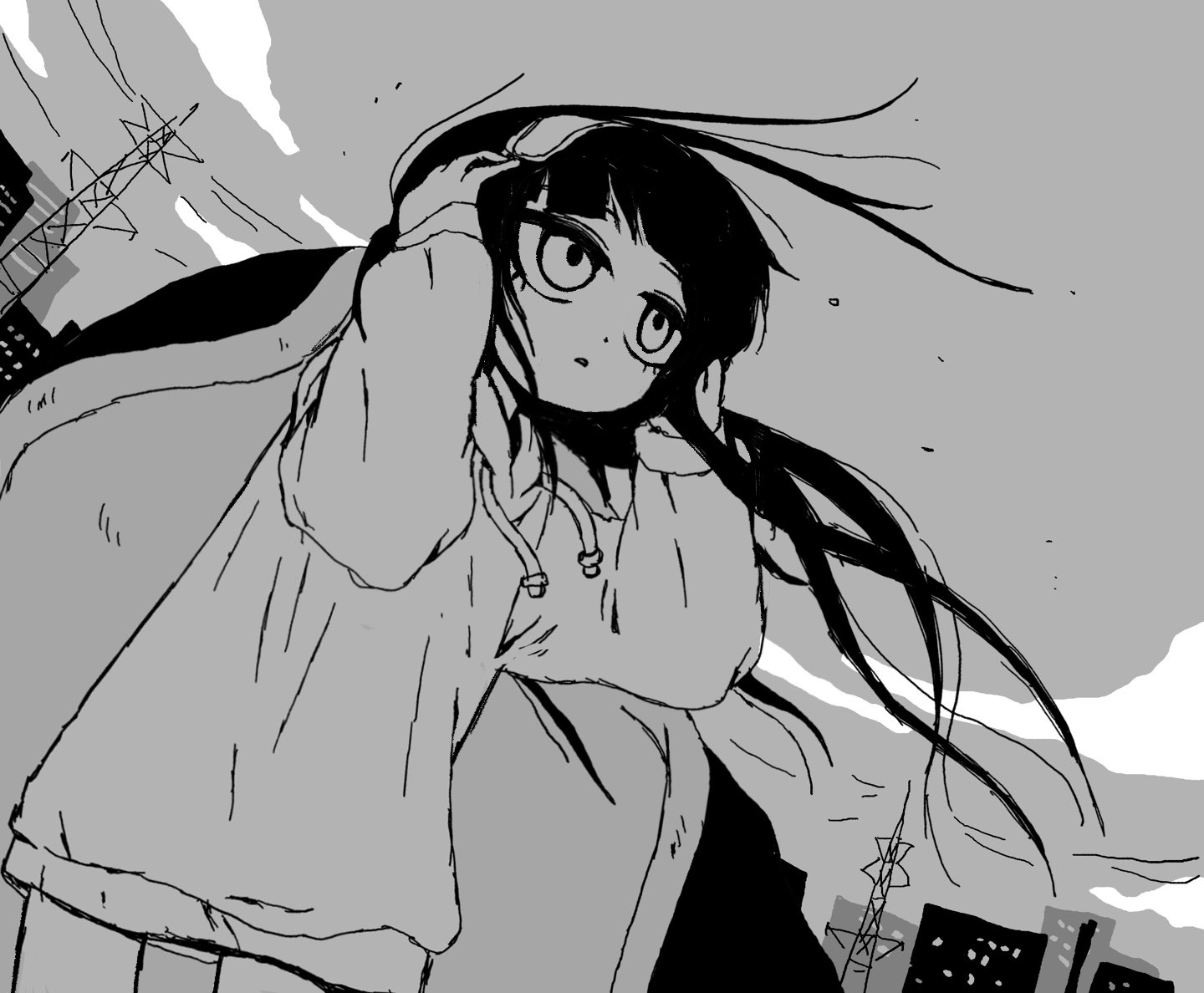 ramdaram, osage (nukunuku nigirimeshi), inabakumori, 1girl, blunt bangs, building, cloud, cowboy shot, drawstring, dutch angle, floating hair, greyscale, hands on own head, hands up, headphones, hood, hood down, hoodie, jaggy lines, kimi ni kaikisen (vocaloid), long hair, long sleeves, looking afar, looking to the side, looking up, monochrome, outdoors, parted lips, power lines, sky, solo, wind