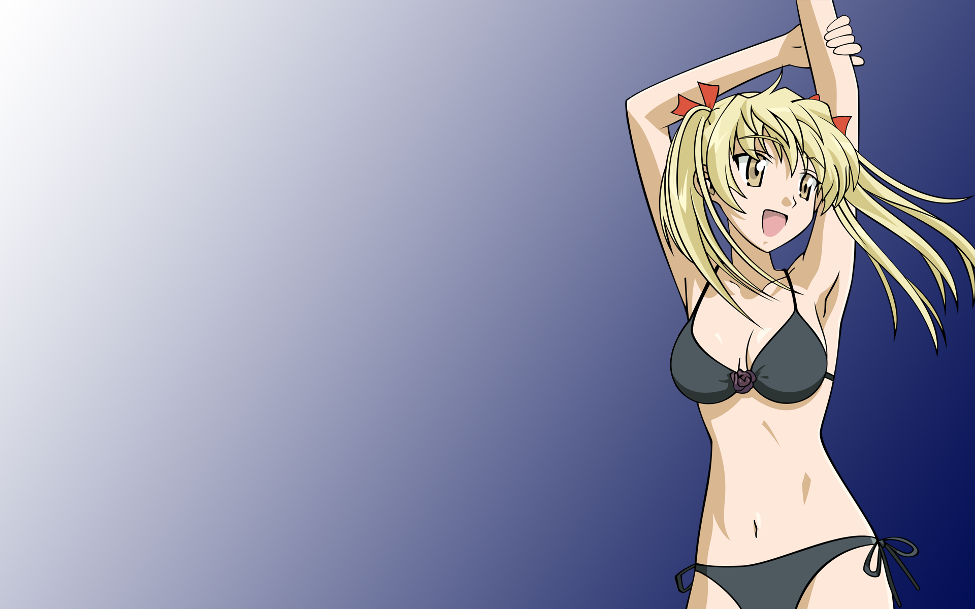 sawachika eri, school rumble, highres, 00s, 1girl, bikini, black bikini, blonde hair, breasts, female focus, gradient background, happy, large breasts, long hair, navel, open mouth, side-tie bikini bottom, simple background, smile, solo, swimsuit, twintails, yellow eyes