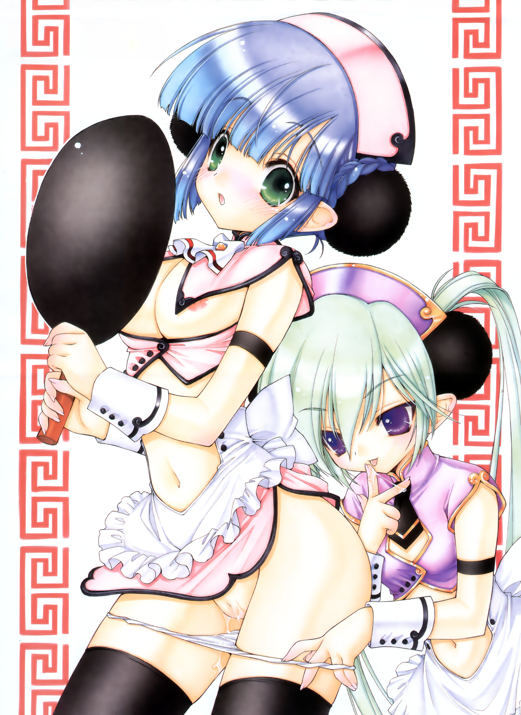 ramiya ryou, absurdres, highres, 2girls, apron, blue hair, bow, braid, breasts, frying pan, green eyes, green hair, licking, maid, maid apron, midriff, multiple girls, necktie, nipples, no bra, panties, panty pull, pointy ears, purple eyes, pussy, pussy juice, pussy juice trail, small breasts, thighhighs, tongue, underwear, white panties, wrist cuffs, yuri