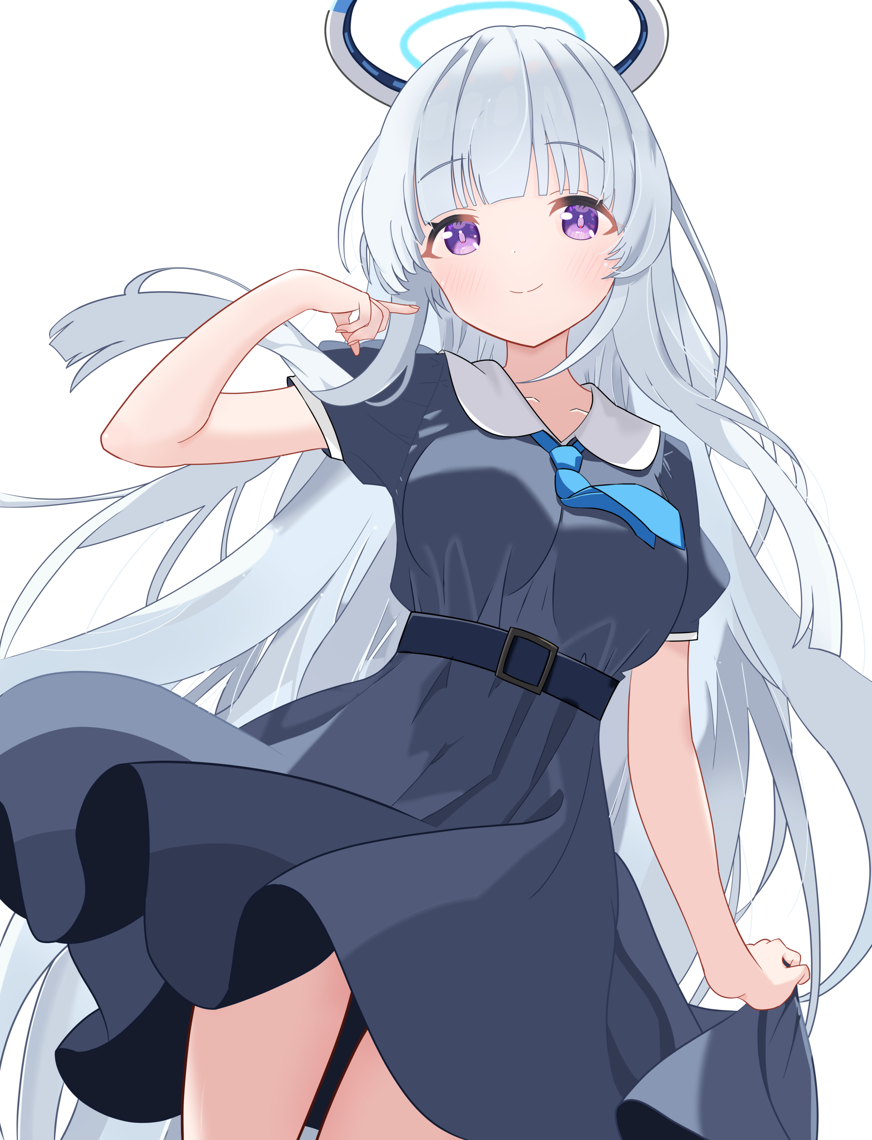 masushi masashi, noa (blue archive), blue archive, absurdres, commentary request, highres, 1girl, adjusting hair, alternate costume, belt, blue belt, blue necktie, blue skirt, breasts, closed mouth, grey hair, halo, long hair, looking at viewer, mechanical halo, medium breasts, necktie, puffy short sleeves, puffy sleeves, purple eyes, short sleeves, simple background, skirt, skirt hold, smile, solo, very long hair, white background