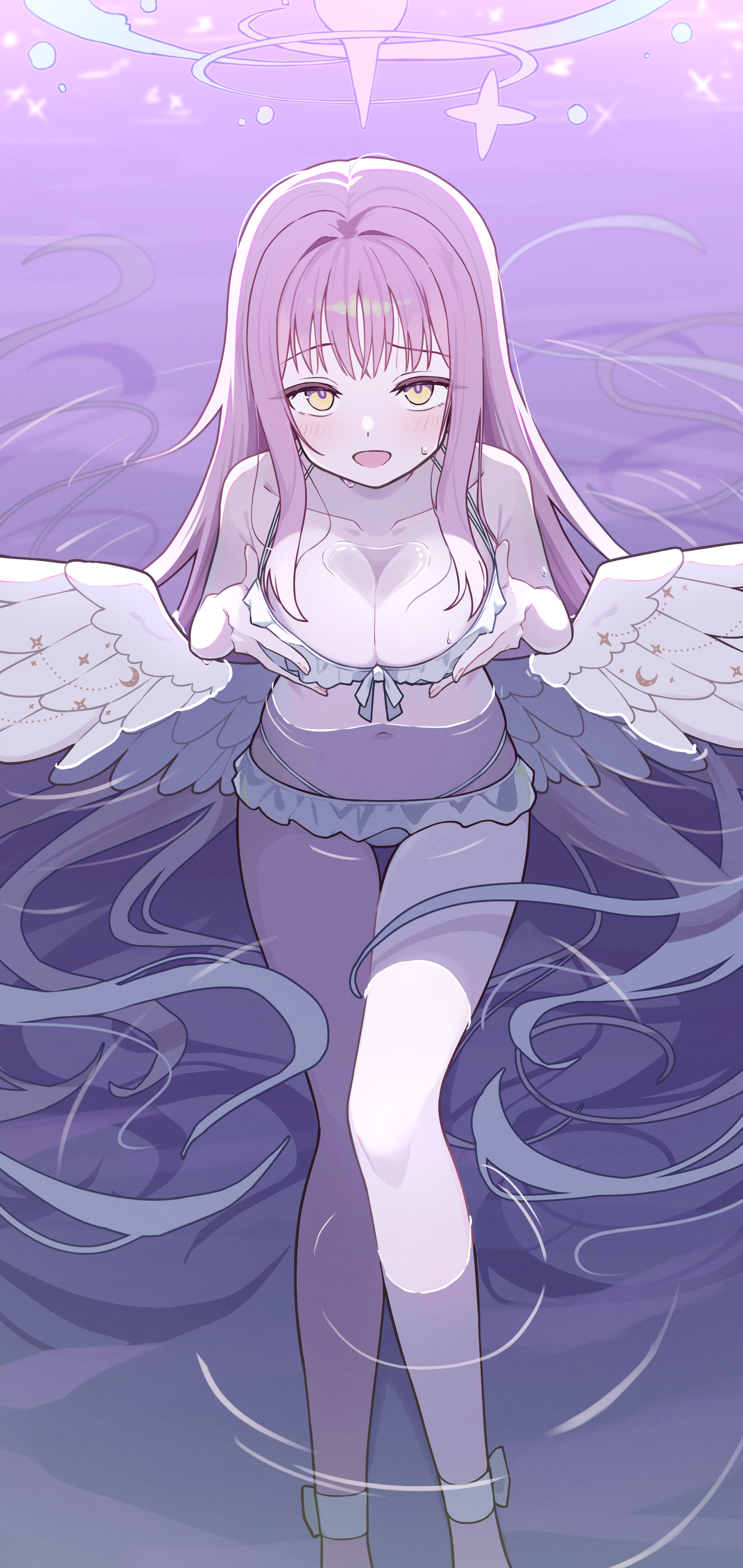 toki kimagure, mika (blue archive), mika (swimsuit) (blue archive), blue archive, absurdres, commentary request, highres, 1girl, bikini, blush, breasts, cleavage, feathered wings, frilled bikini, frills, from above, grabbing own breast, hair intakes, halo, large breasts, legs, long hair, looking at viewer, low wings, navel, official alternate costume, official alternate hairstyle, open mouth, pink halo, shallow water, sitting, smile, solo, swimsuit, thighs, very long hair, water, white bikini, white wings, wing ornament, wings, yellow eyes