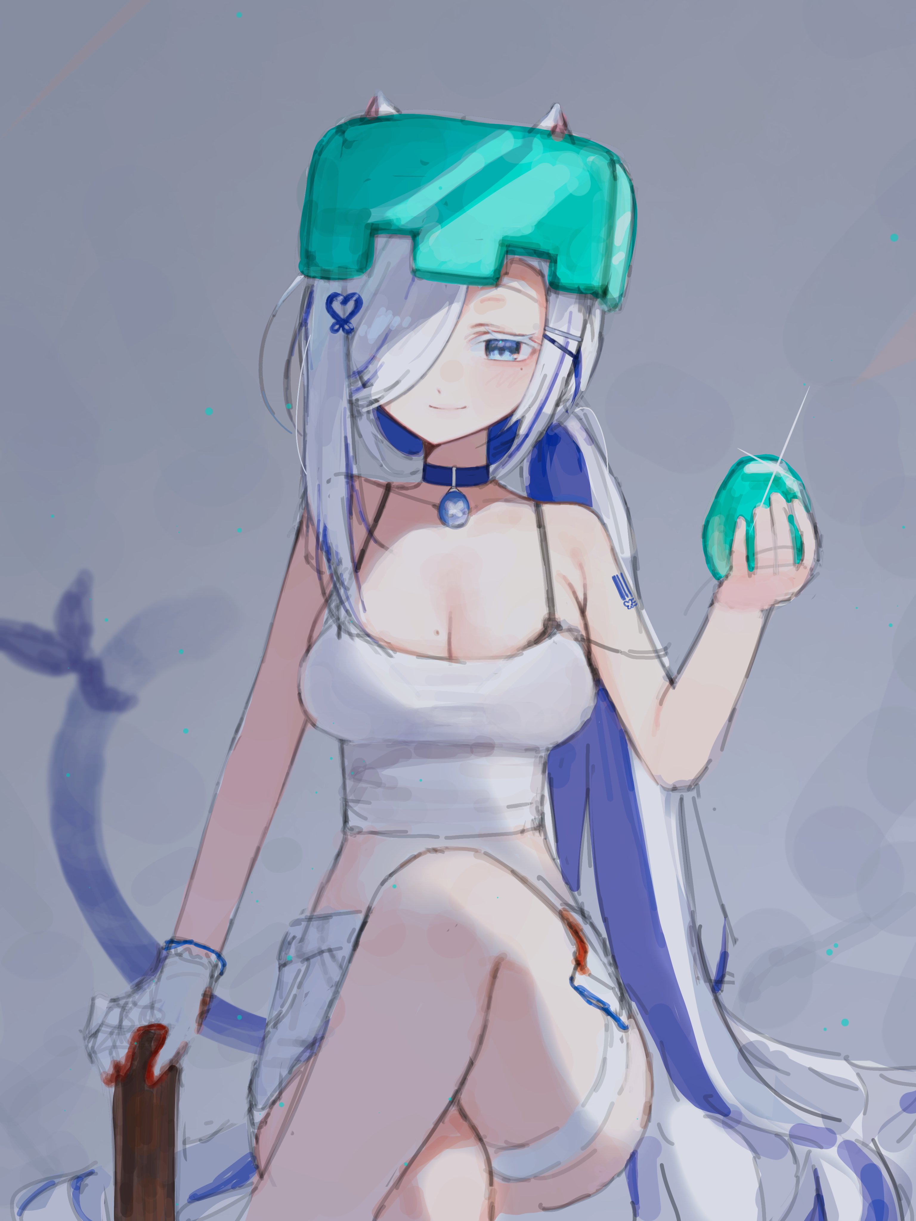 ging nari, indie virtual youtuber, minecraft, absurdres, commentary request, highres, korean commentary, 1girl, animal ears, bare shoulders, blue choker, blue eyes, blue hair, bra strap, breasts, camisole, cat ears, choker, cleavage, closed mouth, crop top, crossed legs, gem, hair over one eye, helmet, holding, holding gem, large breasts, long hair, looking at viewer, low ponytail, midriff, mole, mole on breast, mole under eye, multicolored hair, ponytail, shirt, shorts, sitting, sleeveless, sleeveless shirt, smile, solo, spaghetti strap, strap slip, thigh strap, two-tone hair, very long hair, virtual youtuber, white hair, white shirt, white shorts, y0u mean