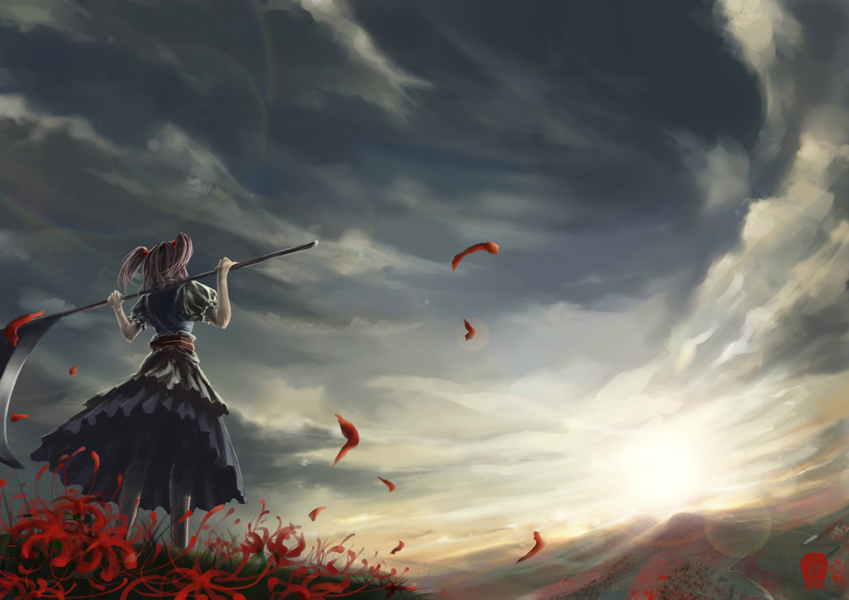 ni piao xiancai, onozuka komachi, touhou, bad id, bad pixiv id, 1girl, cloud, female focus, flower, landscape, mountain, petals, red flower, scenery, scythe, sky, solo, spider lily, twintails, two side up